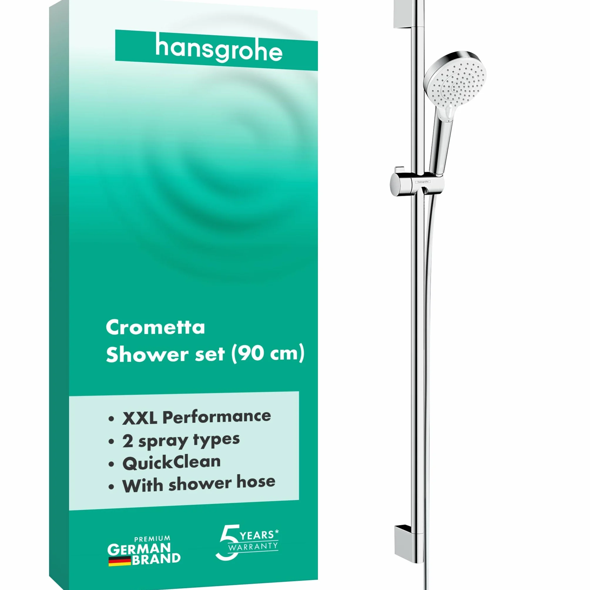 hansgrohe Crometta - Set Doccia, Doccetta con Asta Doccia 90Cm, Supporto Doccia e Flessibile Doccia 1,60M, Soffione Doccia con 2 Tipi di Getto, Bianco/Cromo