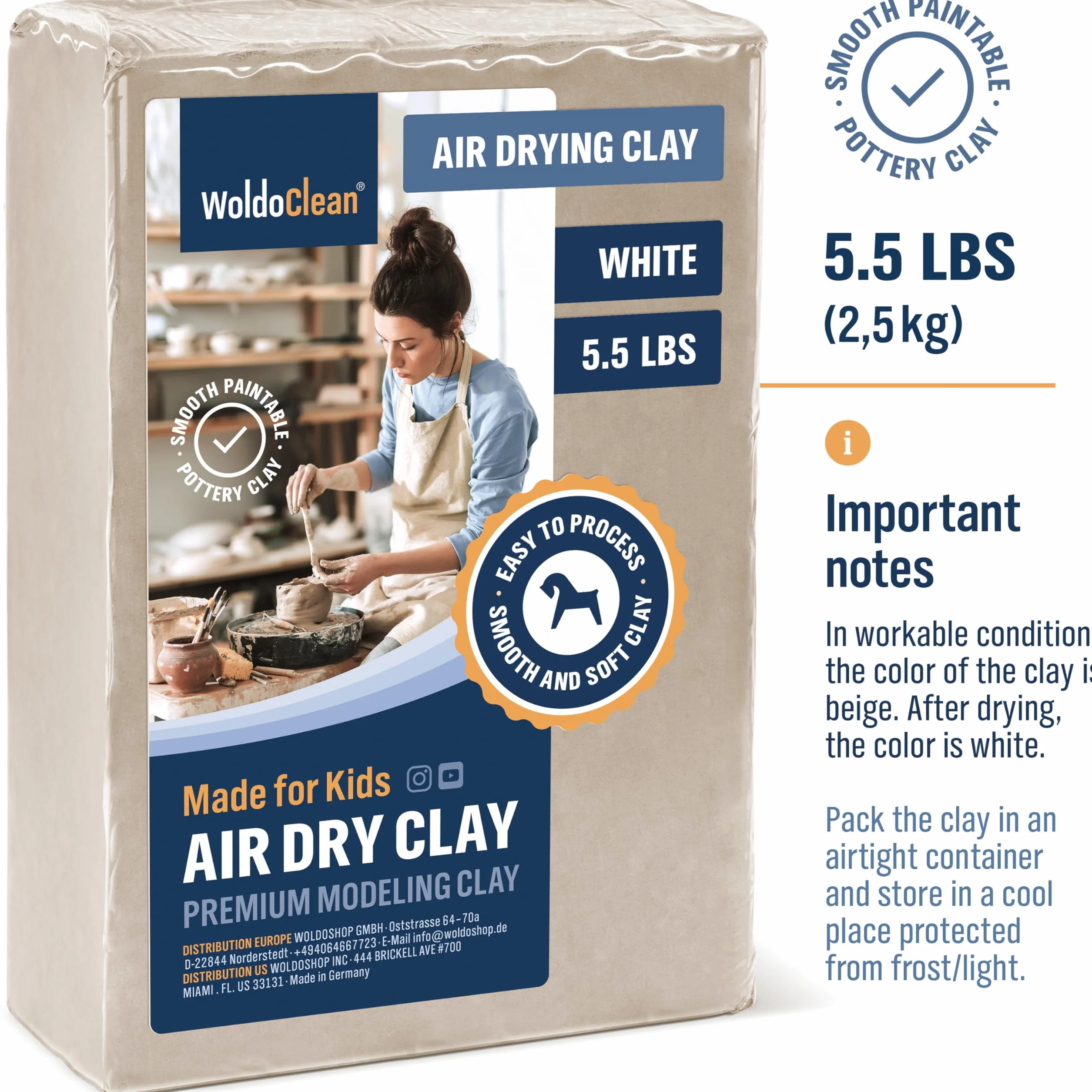 WoldoClean Argilla da Modellare Autoindurente Bianca - 2,5 kg Pasta Modellabile Senza Cottura - Panetto di Creta Air Dry Clay Resistente alle Crepe per Ceramica a Freddo & Scultura