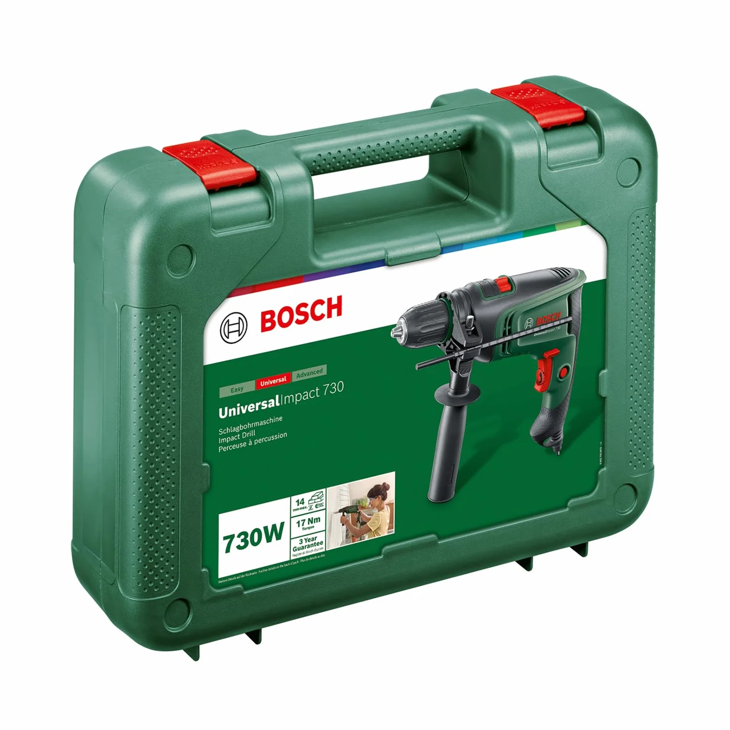 Bosch Home and Garden Trapano battente elettrico UniversalImpact 730 (foratura di precisione in muratura, legno e acciaio; motore da Watt; custodia per il trasporto)