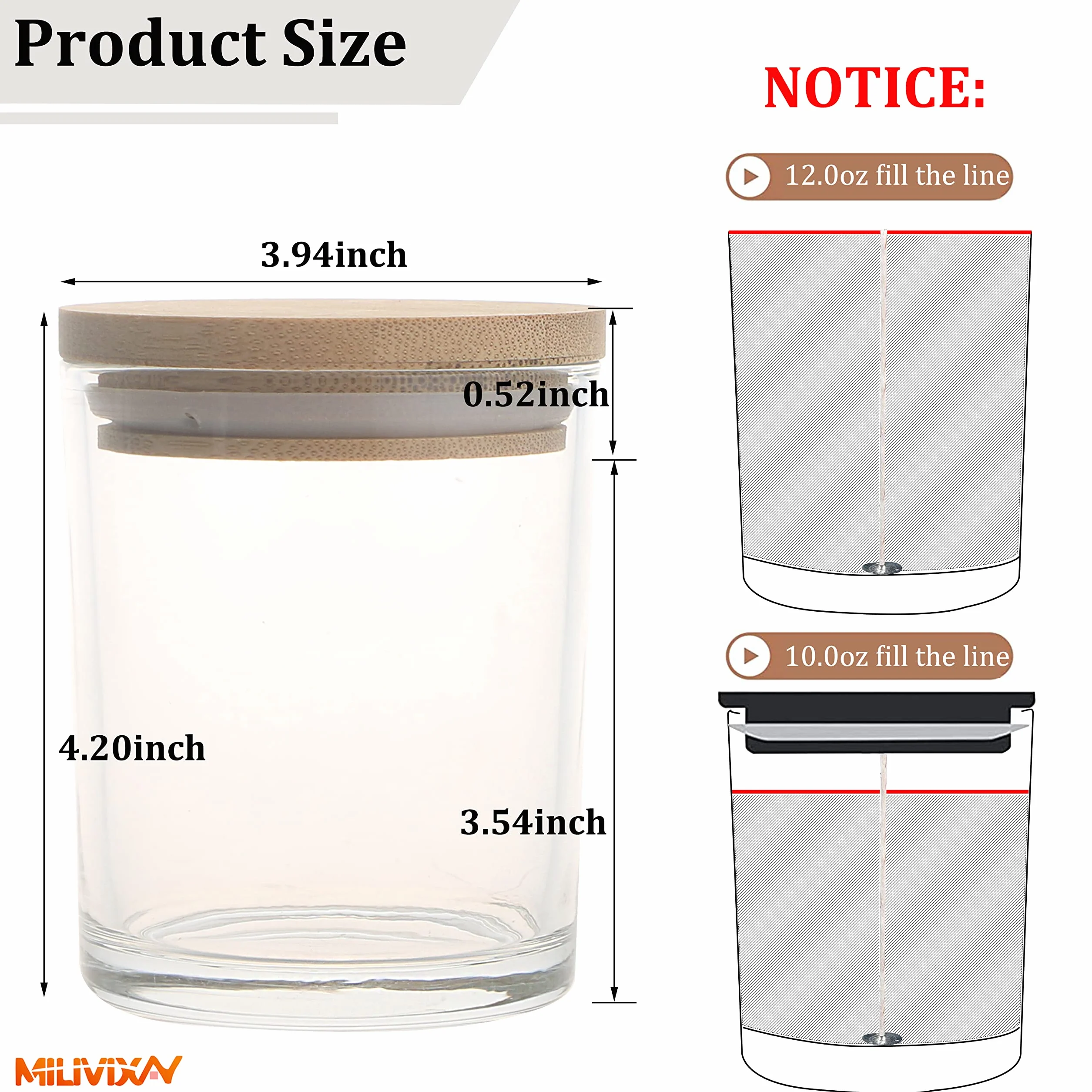 MILIVIXAY - Confezione da 12 barattoli per candele, in vetro trasparente, 355 ml, con coperchio e kit per la creazione di candele, vuoti, contenitori per spezie e polveri