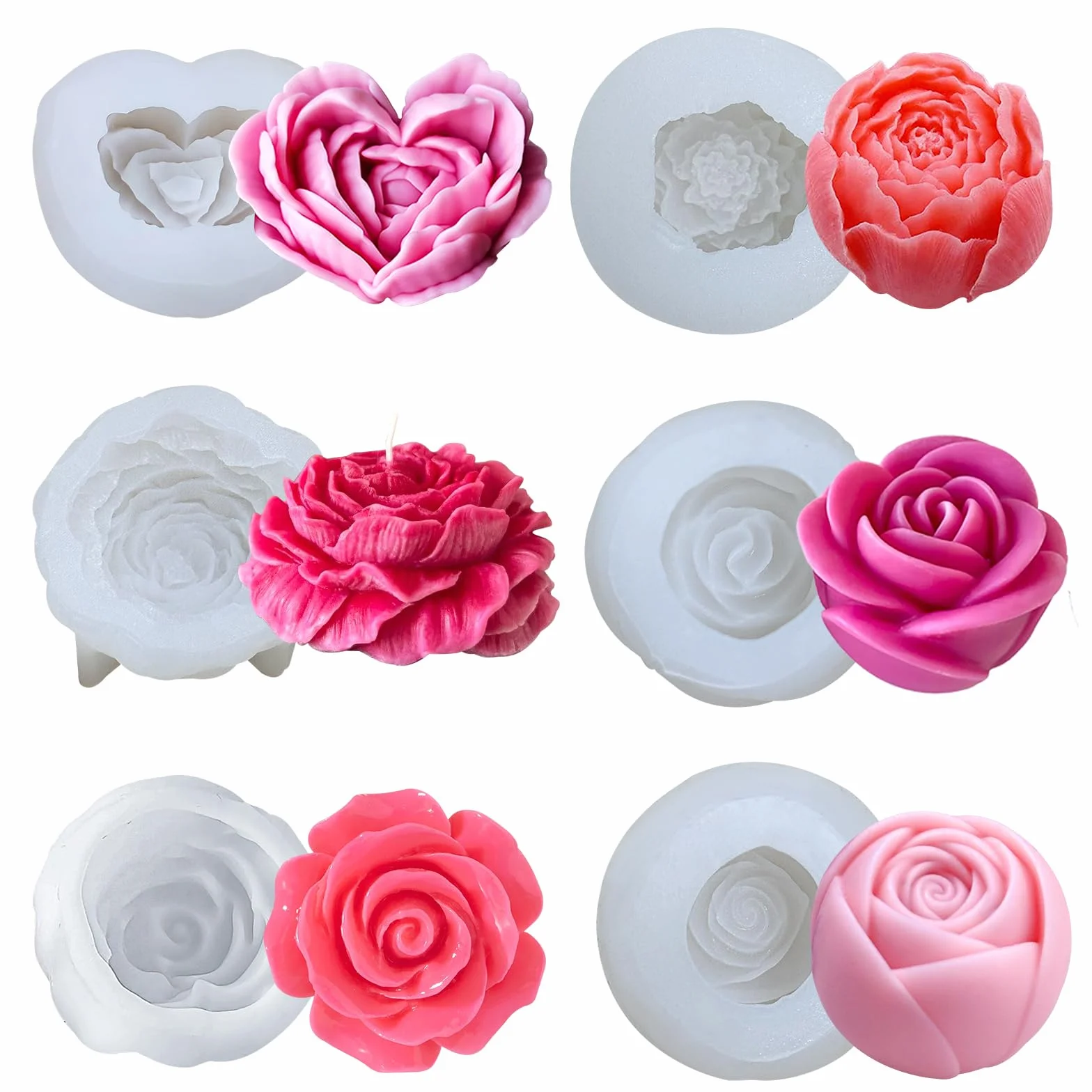 Stampi per Candele In Silicone, 6 Pezzi stampo candele stampi In silicone Per Fiori,Fiore Di Fondente Stampo a Forma,Silicone Per Fiori di Rose per Torta Cioccolato Sapone Candela Ice Cube