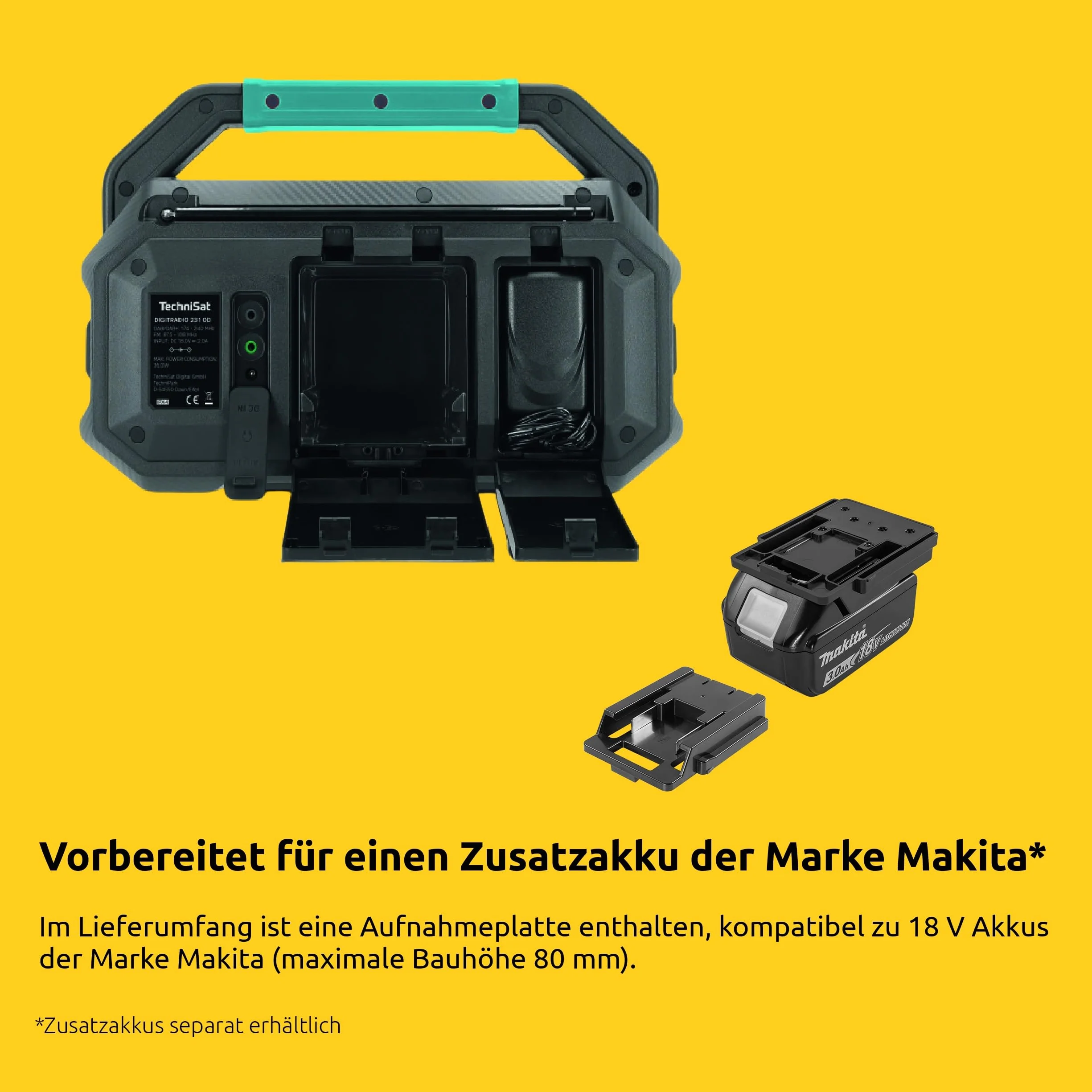 TechniSat Viola 231 OD - Batteria Makita Radio da cantiere compatibile (DAB+, FM, AUX, Bluetooth, IPX4, resistente agli spruzzi, 2 altoparlanti stereo da 15 W)