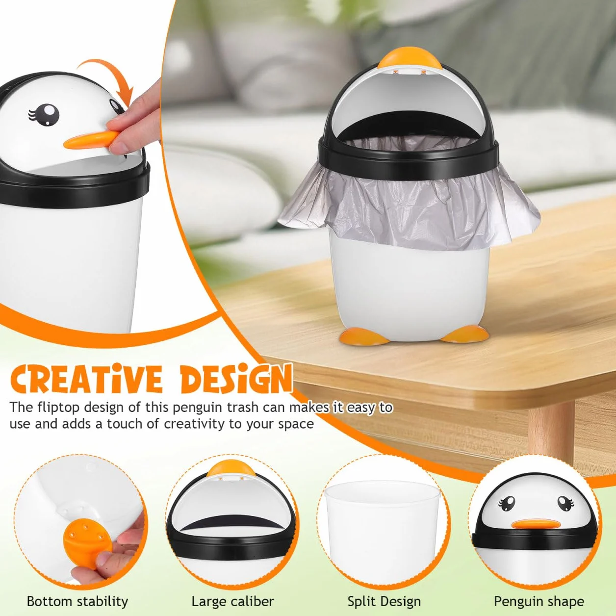 Angoily Pattumiera pinguino con coperchio in plastica, organizer per camera da letto, ufficio, auto, bagno, cameretta dei bambini, bancone