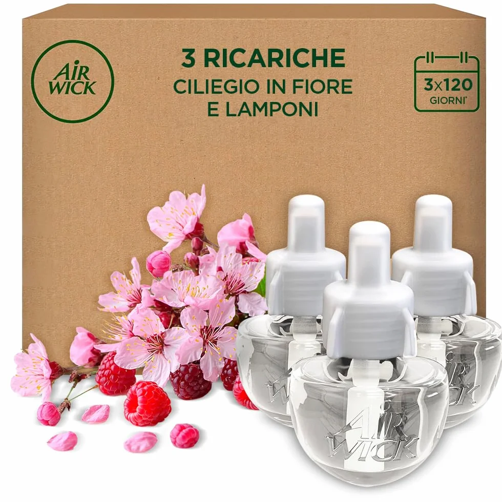 Air Wick Ricarica per Diffusore Elettrico di Oli Essenziali, 3 Ricariche, Fragranza Fiori di Ciliegio e Lamponi, 3x19ml