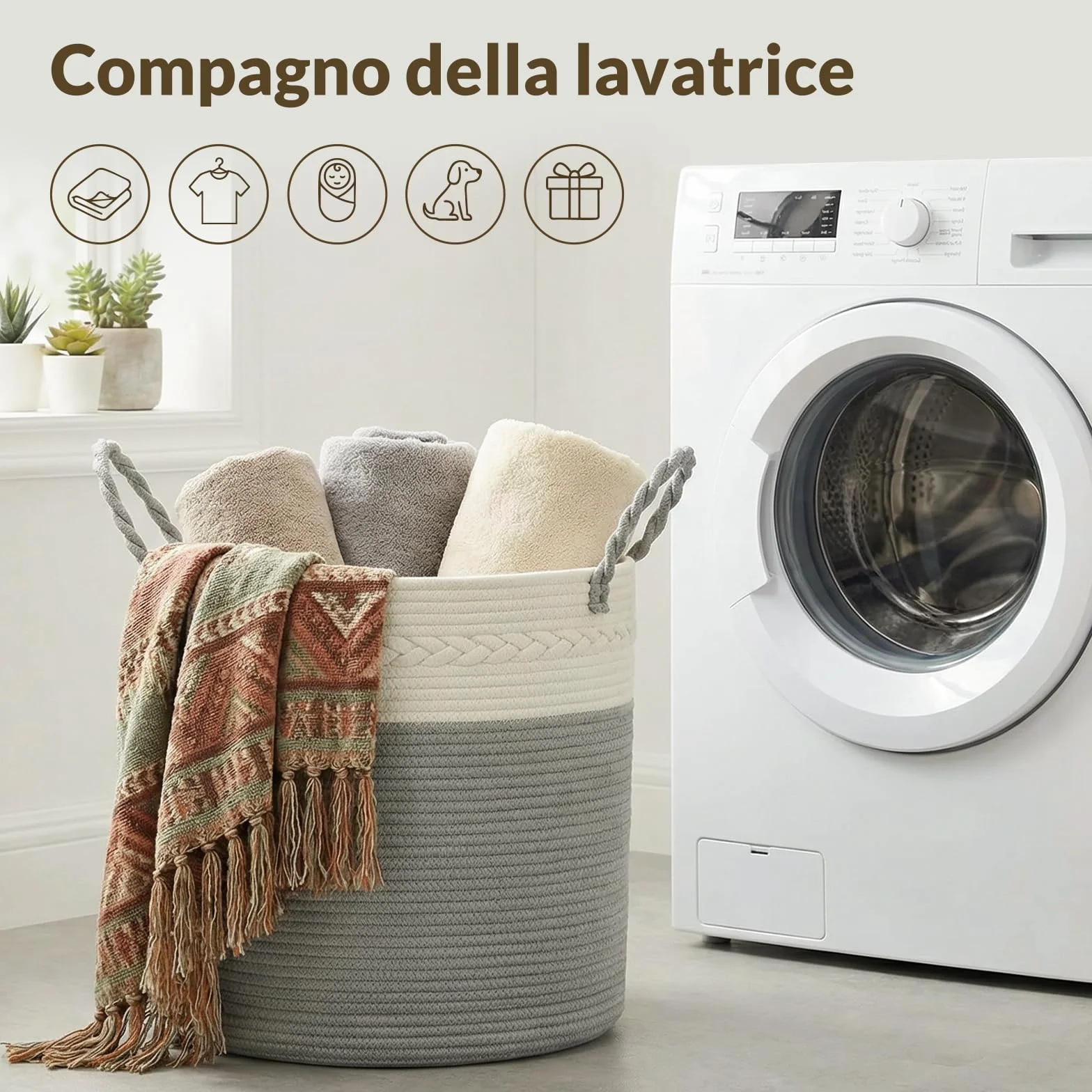 COSYLAND Cesto portabiancheria in cotone naturale - Pieghevole con manici portabiancheria sporca, Cesta portabiancheria per bagno, camera da letto e cameretta - 40x40x40cm (Grigio-bianco)