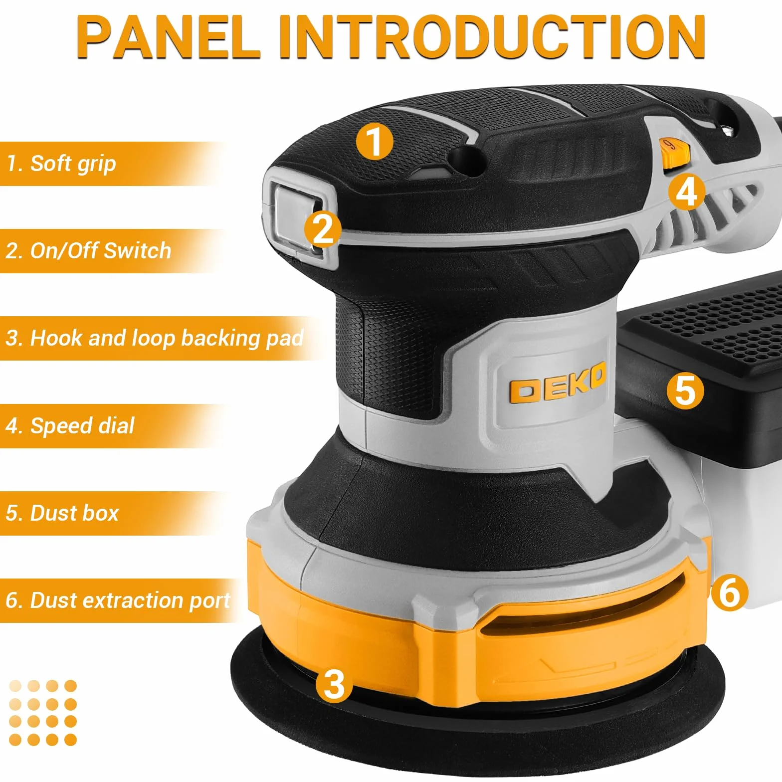 DEKOPRO Levigatrice Orbitale 300W 6 Velocità 14000RPM 125mm