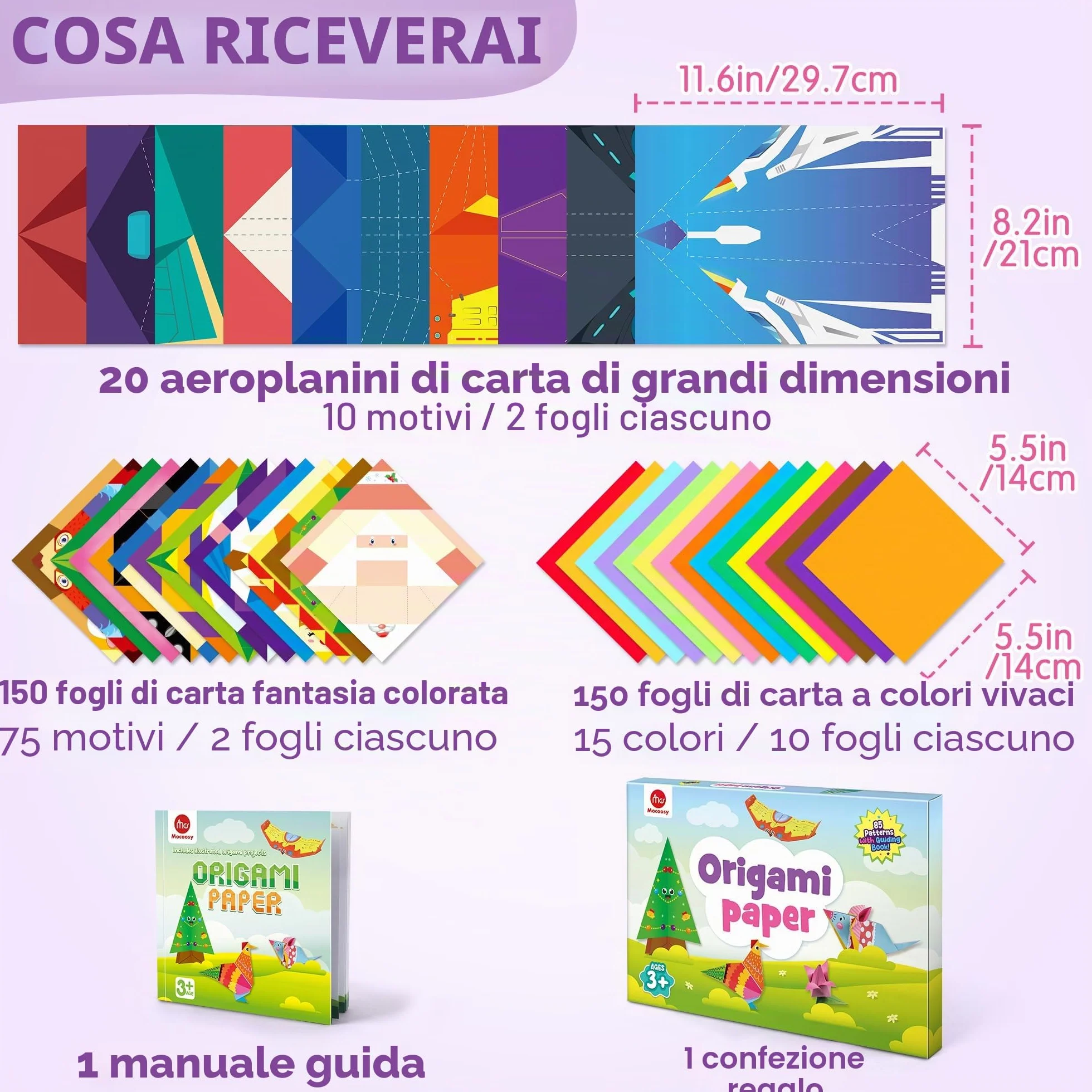 Mocoosy Kit di 320 fogli per origami per bambini dai 5 agli 8 anni e dai 9 ai 12 anni, set di aerei di carta, insieme di carta pieghevole colorata con libro di origami, arte e artigianato per ragazzi