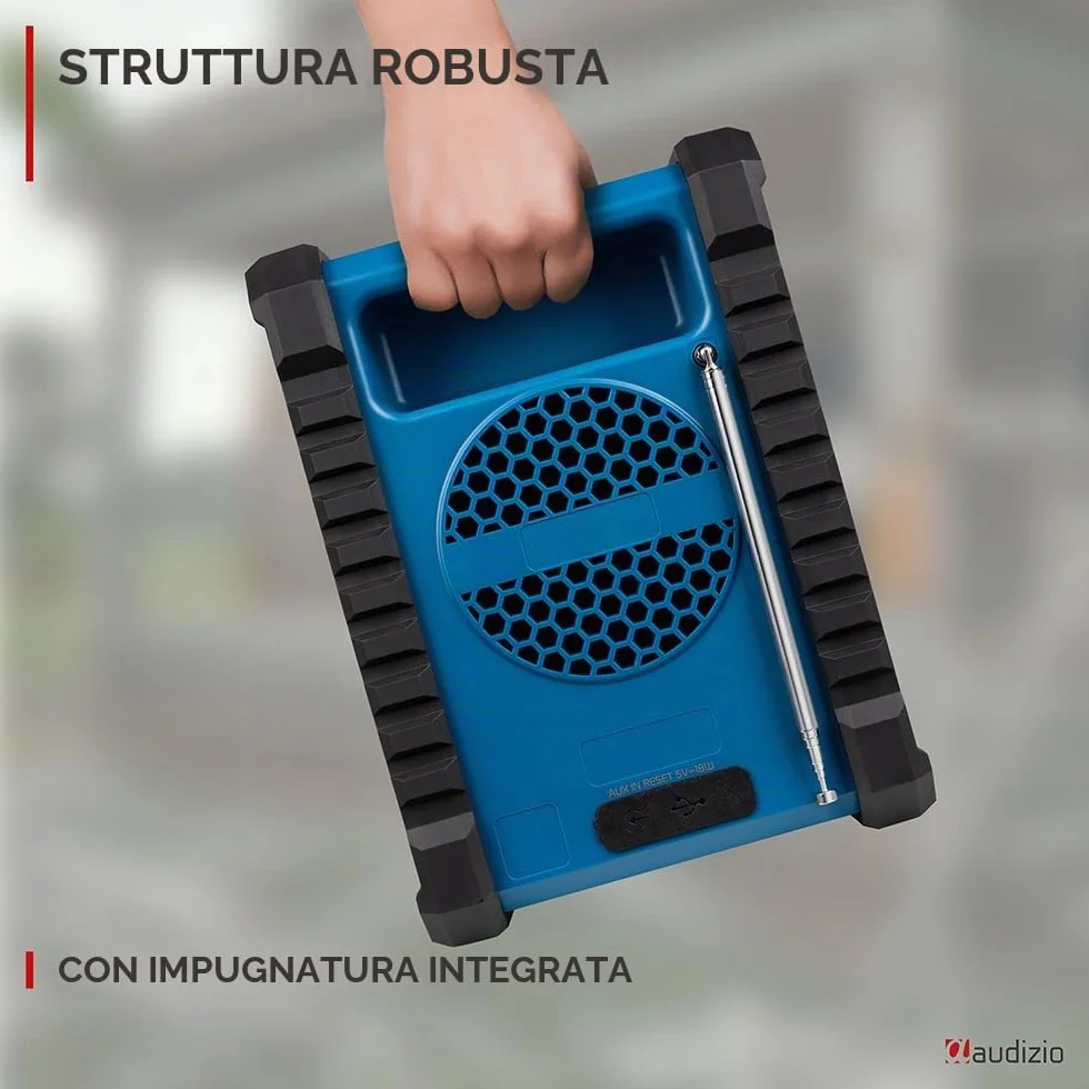 Audizio Temi Radio da Cantiere Dab+ con Batteria - IP54, Bluetooth 5.0, Autonomia 8H, FM, 40 Stazioni Memorizzabili, Ingresso AUX, Ideale per Ascoltare le Tue Stazioni Preferite Durante i Tuoi Lavori