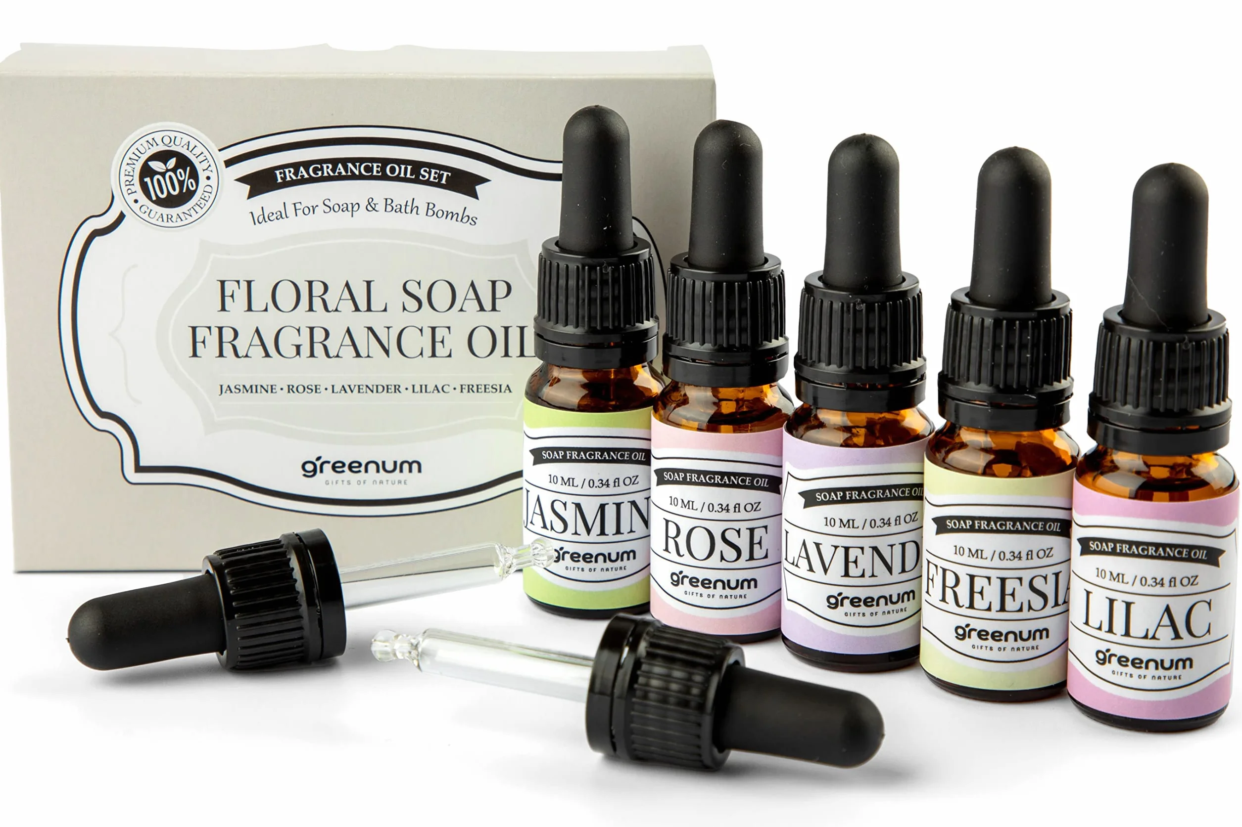Profumi di sapone, olio profumato per sapone, profumo gelsomino, rosa, lavanda, lilla e fresia, oli profumati per la produzione di sapone, 5 x 10 ml profumi di sapone in bottiglie di vetro