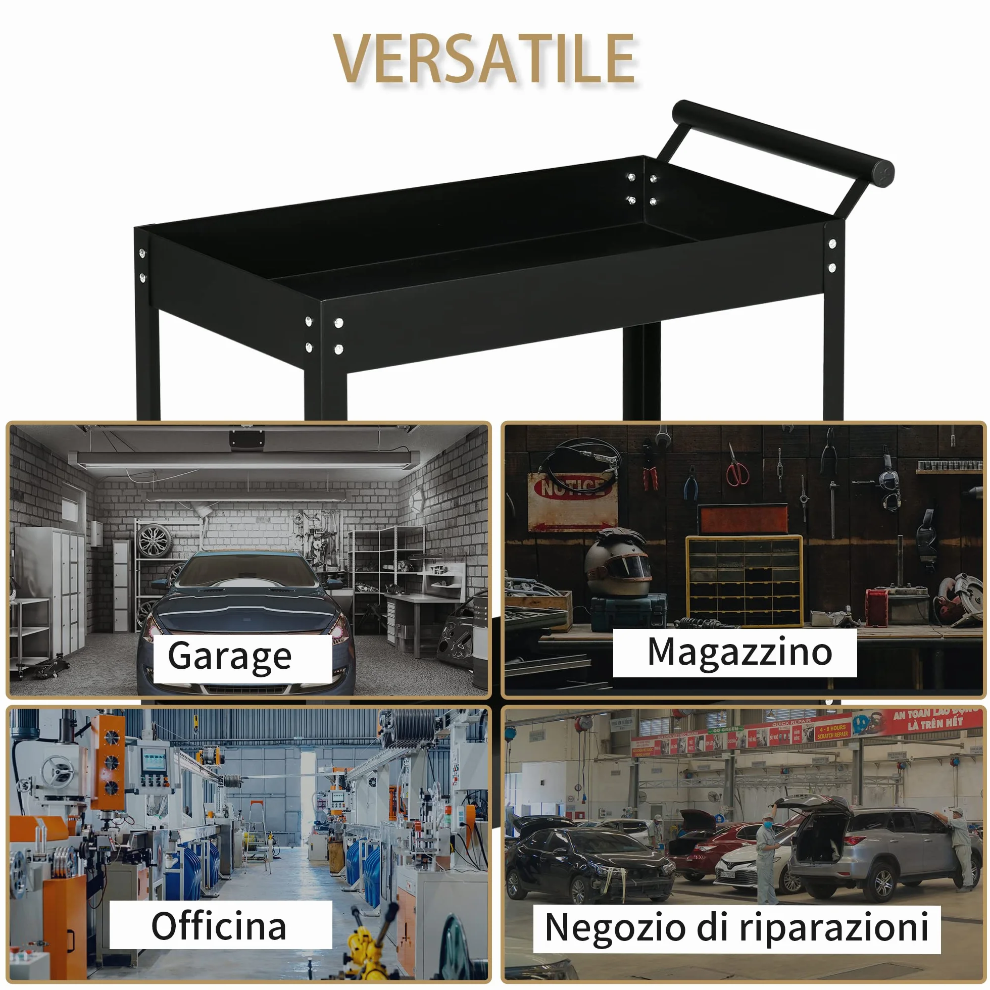 DURHAND Carrello Porta Utensili a 2 Ripiani, Officina Garage Acciaio 84.5x38x84cm Nero