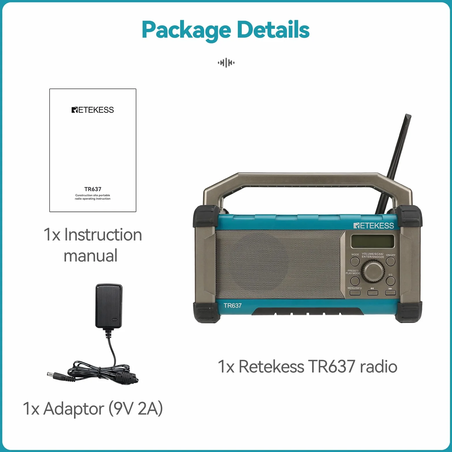 Retekess TR637 Radio da Cantiere,Radio FM AM Portatile con Wireless,con Batteria Ricaricabile da 5000mAh,Impermeabile,USB,Manico Portatile,Lavoro