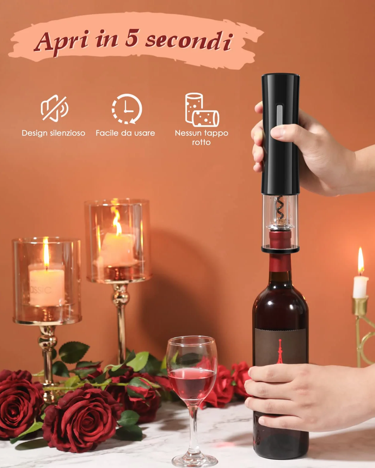 Rovtop Cavatappi Elettrico per Vino, 5 in 1 Apribottiglie, Stappa Bottiglie Elettrici automatico si apre rapidamente con Tappo del Vino,Versatore, Set Apri Bottiglia Vino Regalo, Kit Vino