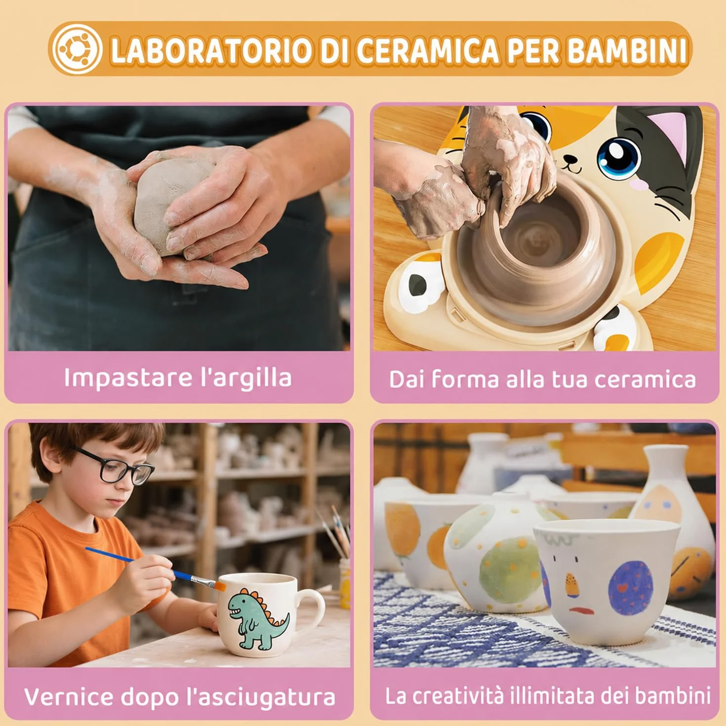 Tornio per Ceramica per Bambini - Kit Completo per Ceramica per Principianti, Set Creativo 6+ Anni con 3x Argilla ad Asciugatura all'Aria, Kit Ceramica fai da te Regalo Pasqua per Ragazzi e Ragazze