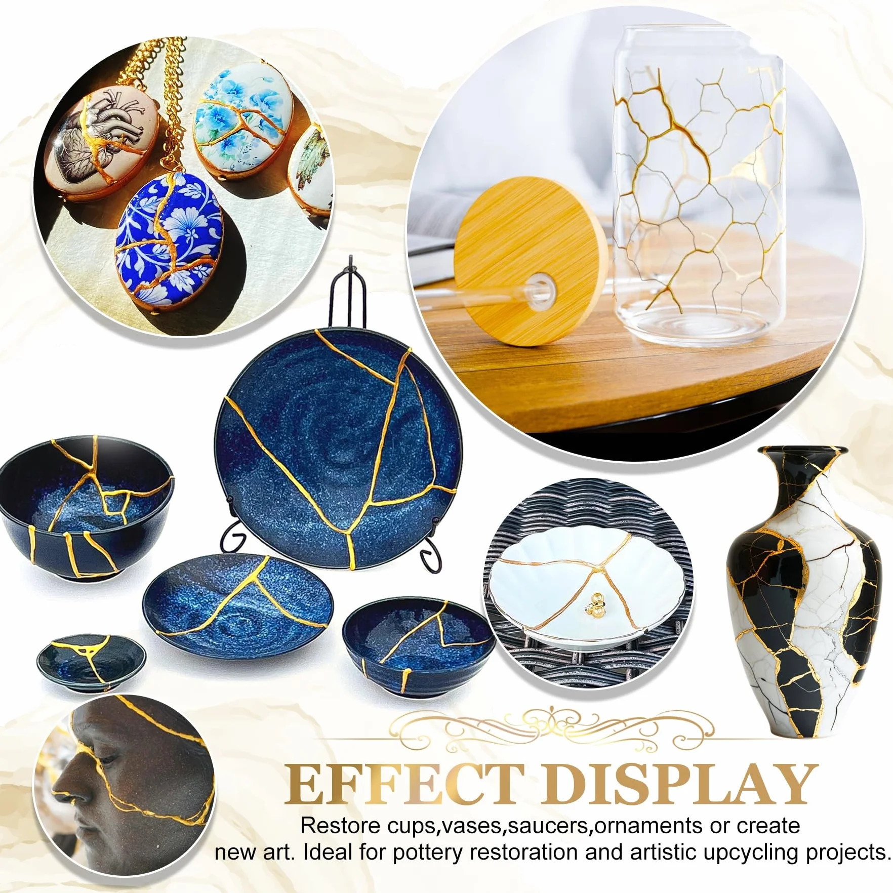 Kit di Riparazione Kintsugi Nuovo, Kit Kintsugi Giapponese con 50ml Colla Ceramica per Alimenti, 4 Colori Polveri (Oro/Argento/Mica) per Riparare Ceramica/Porcellana/Gioielli/Vetro, Per Principianti
