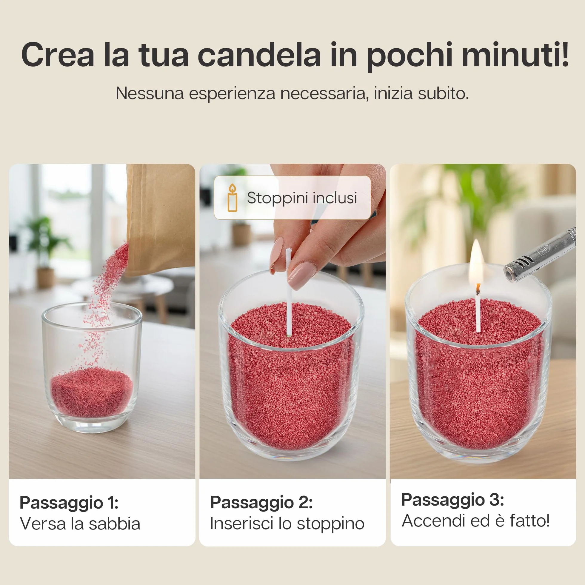 comforder Sabbia per candela con profumo e stoppino, aroma, granulato di cera per candele, set fai da te, 400 g, granuli, 4 stoppini per candele (marrone rosso, ambra)