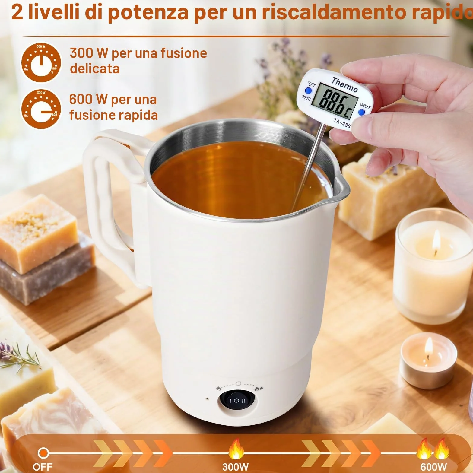 Corpower Fusciera Elettrica per la Produzione di Candele, Fusore di Cera per Realizzare Candele, 800ml con Beccuccio per Versare, Pentola Elettrica per Fondere Cera con Stoppini, per Candele Fai d