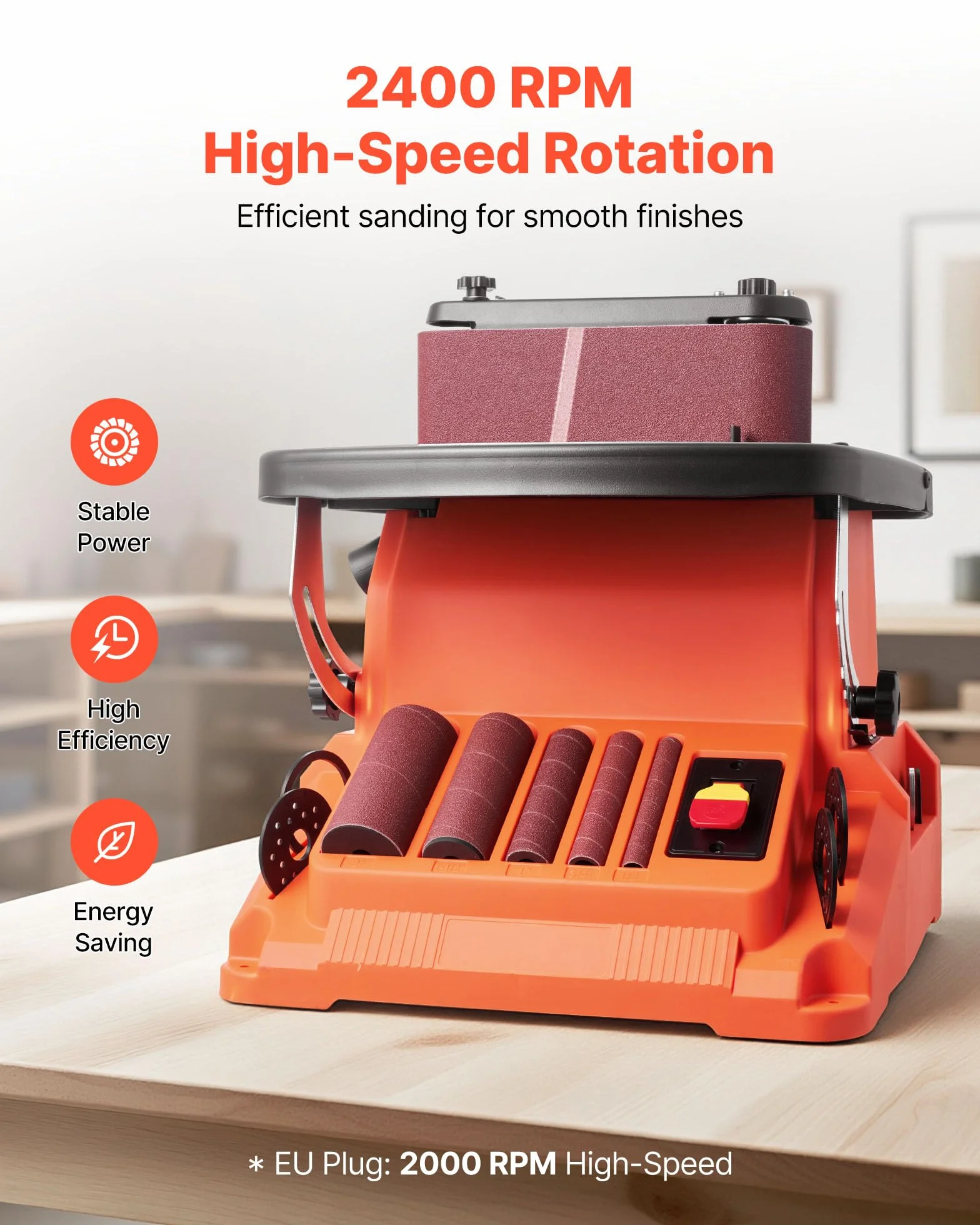 VEVOR Levigatrice a Nastro e Mandrino Oscillante, Smerigliatrice da Banco da 2000 giri/min con Corsa da 16 mm, 5 Manicotti 12,7-50,8 mm e Nastro Abrasivo da 610 x 98 mm per Lavorazione del Legno