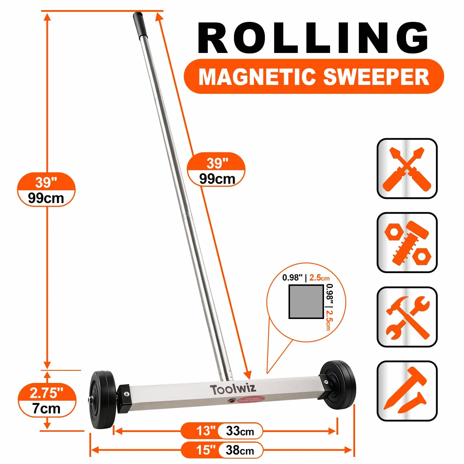 Toolwiz Spazzatrice Magnetica Compatta 38,1 cm - Attrezzo da Copertura per Giardino Strumento multifunzione 4,5 kg con manico telescopico e ruote per raccogliere chiodi