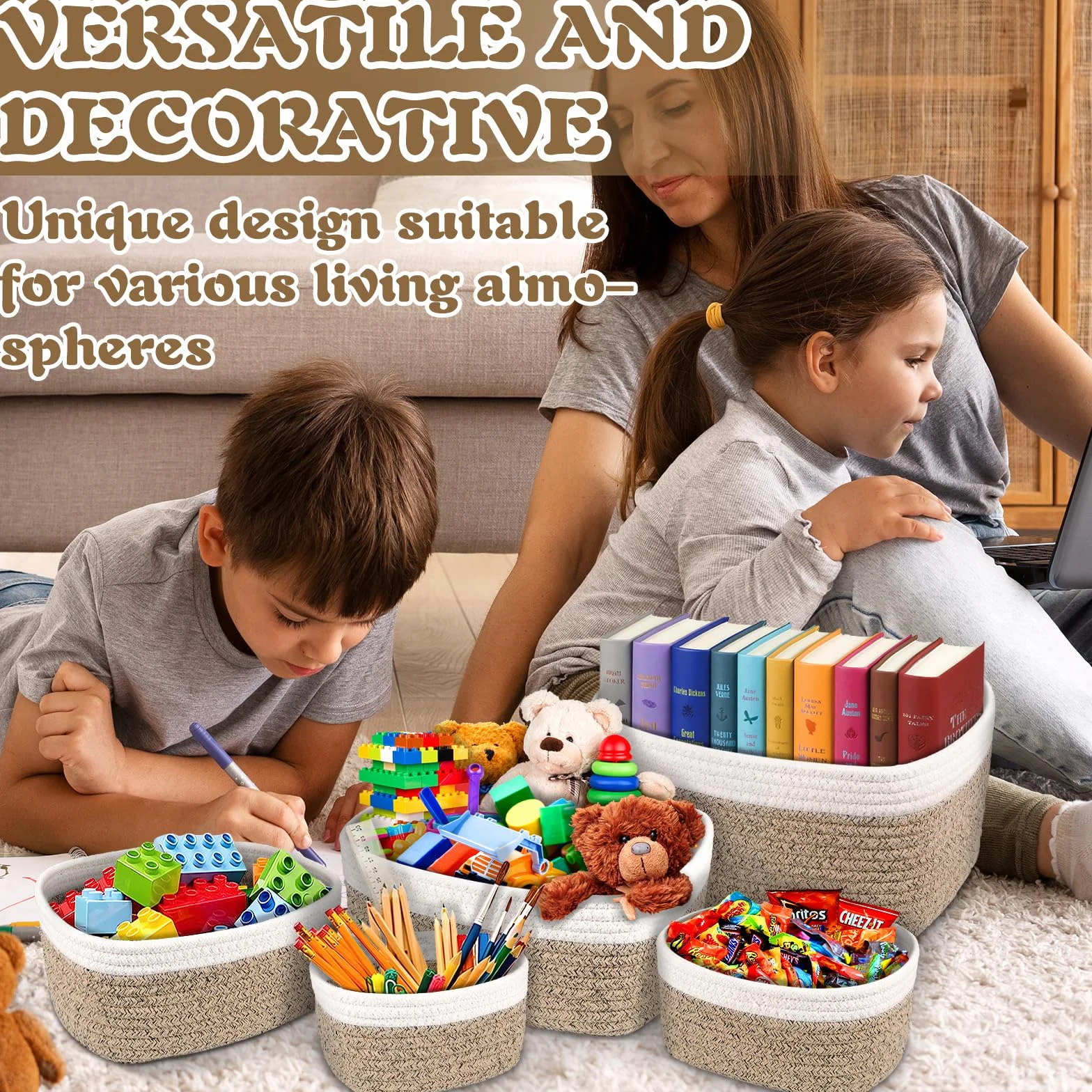 Cestini Portaoggetti Intrecciato in Corda di Cotone Set di 5, Impilabile Organizer per Bagno Cameretta Salotto Ufficio
