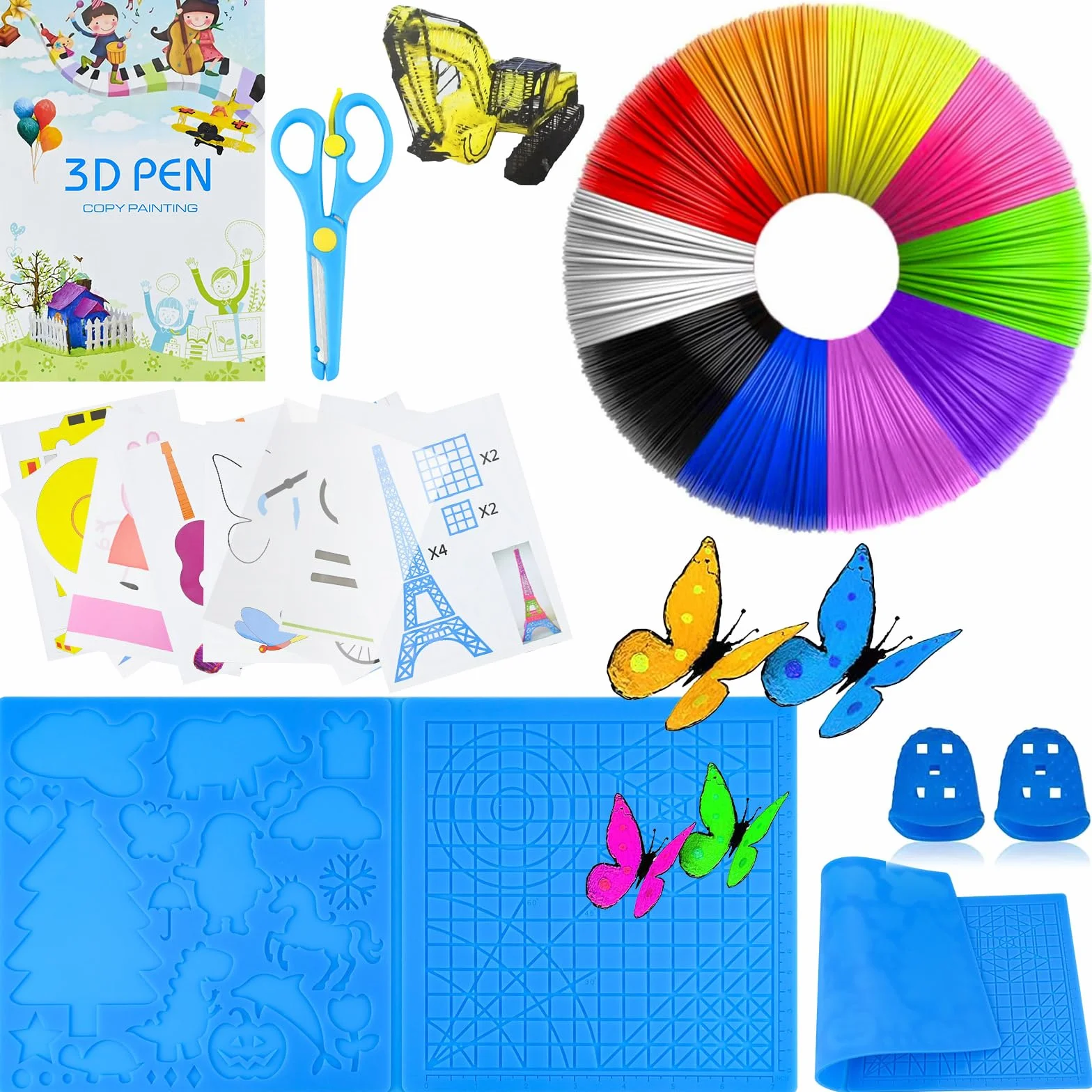 Set di accessori per penna 3D, filamento 3D, PLA 10, colore 1,75 mm ogni 5 m, pennino 3D, cuscinetto in silicone grande 41,2 x 20,3 cm, con 2 protezioni per le dita e forbici, accessori 3D per bambini