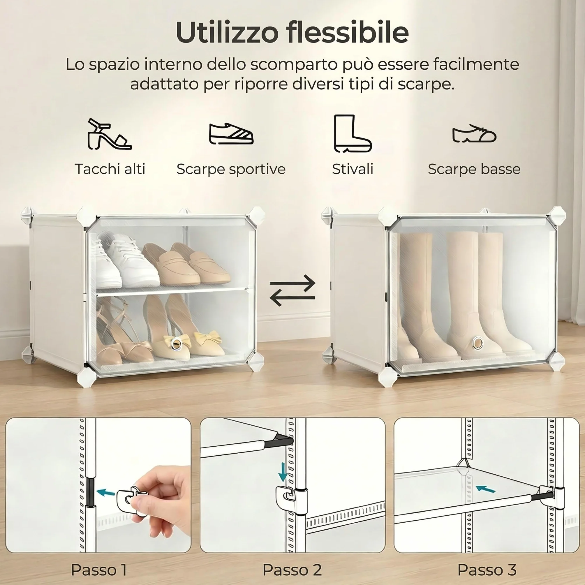 Scarpiera salvaspazio slim alta e stretta a 10 livelli con porta, scarpiera modulare in plastica chiusa bianca, mobile per scarpe ingresso fai da te per corridoio camera da letto