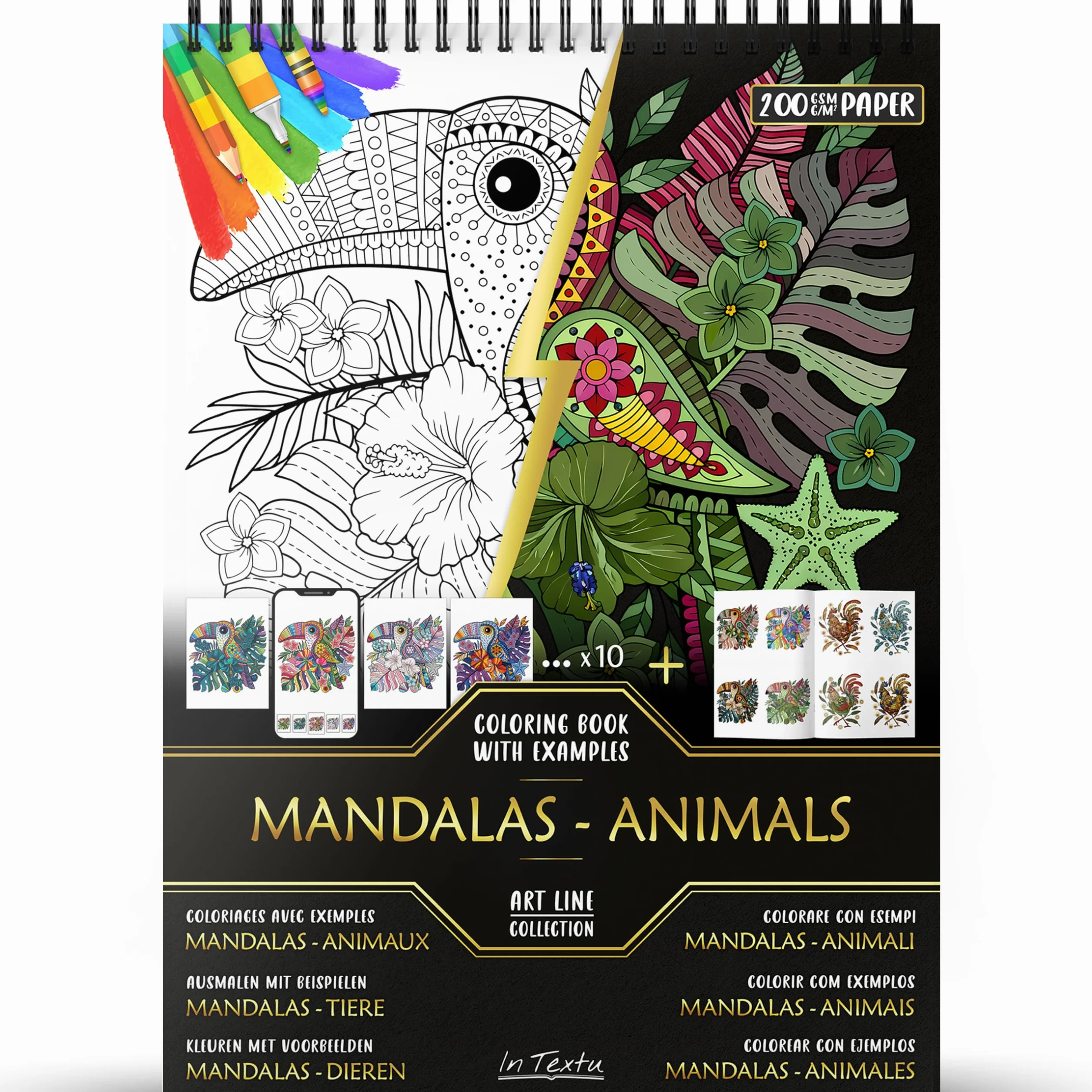 In Textu – Mandala – Animali – Libro da colorare per adulti e adolescenti con esempi colorati ispiratrici – Carta Premium 200 g/m² – rilegatura a spirale fine – quaderno per colorare e rilassarsi.