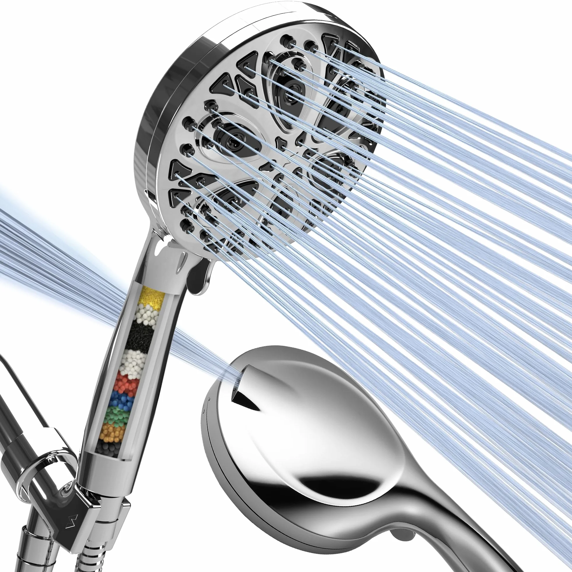 SparkPod Soffione doccia portatile con filtro a 10 modalità, 12,7 cm, ad alta pressione, con ugelli touch-to-Clean, getto di alimentazione integrato, tubo flessibile in acciaio inox da 1,8 m e staffa