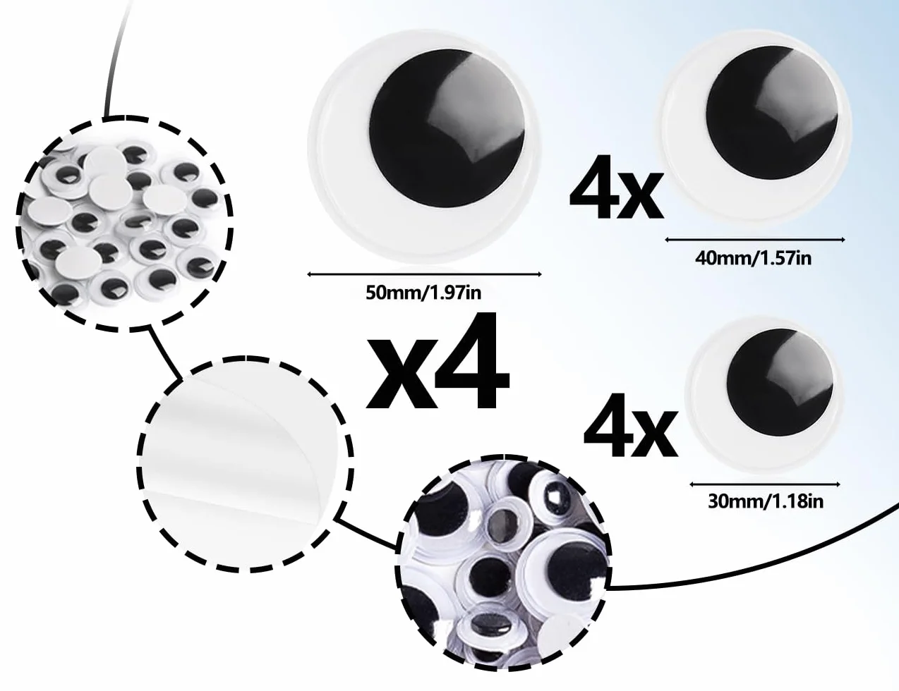 Confezione da 12 Occhi mobili autoadesivi, Grandi Occhi Finti Rotondi, Occhi di Bambola in plastica, Adesivi Occhi Finti, per Scrapbooking, Accessori Artigianali (3 cm, 4 cm, 5 cm)