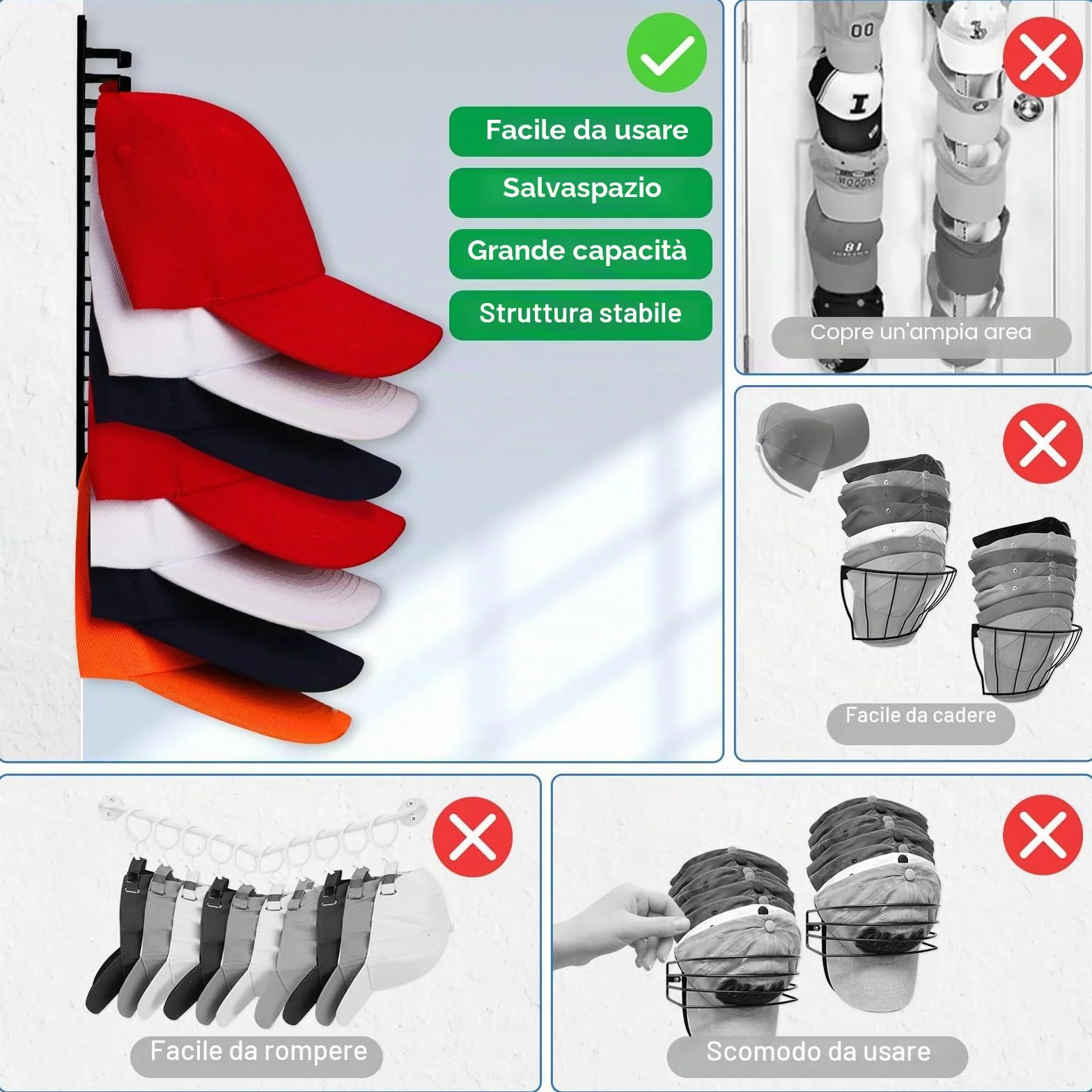 JGGDUU Porta Cappelli da Parete per Cappelli da Baseball, Espositore per Armadio, Contiene fino a 16 Cappelli, Nero