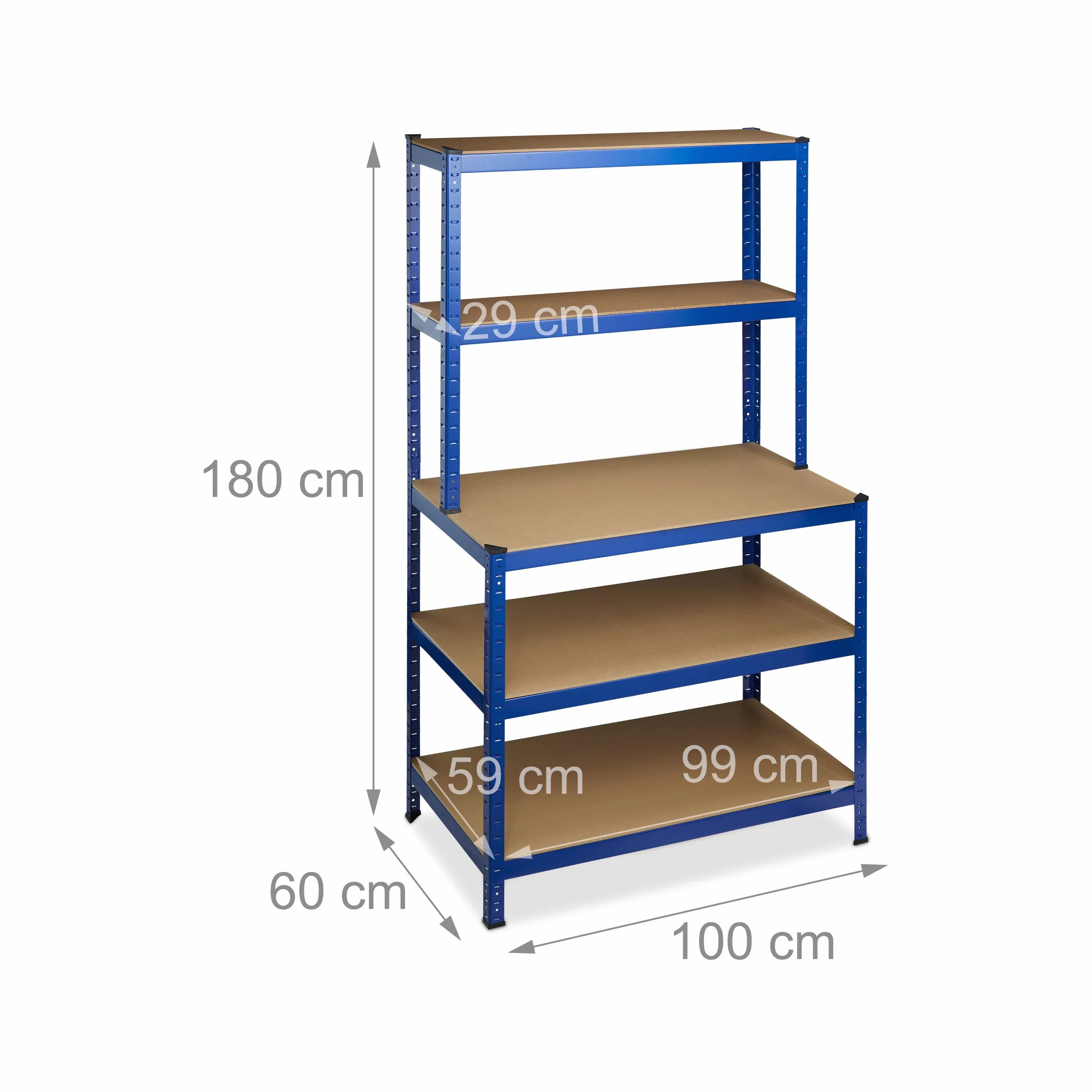 Relaxdays Scaffale in Metallo, Banco da Lavoro, Capacità fino a 900 kg, 5 Ripiani, Incastro 180x100x60, Acciaio,MDF, blu