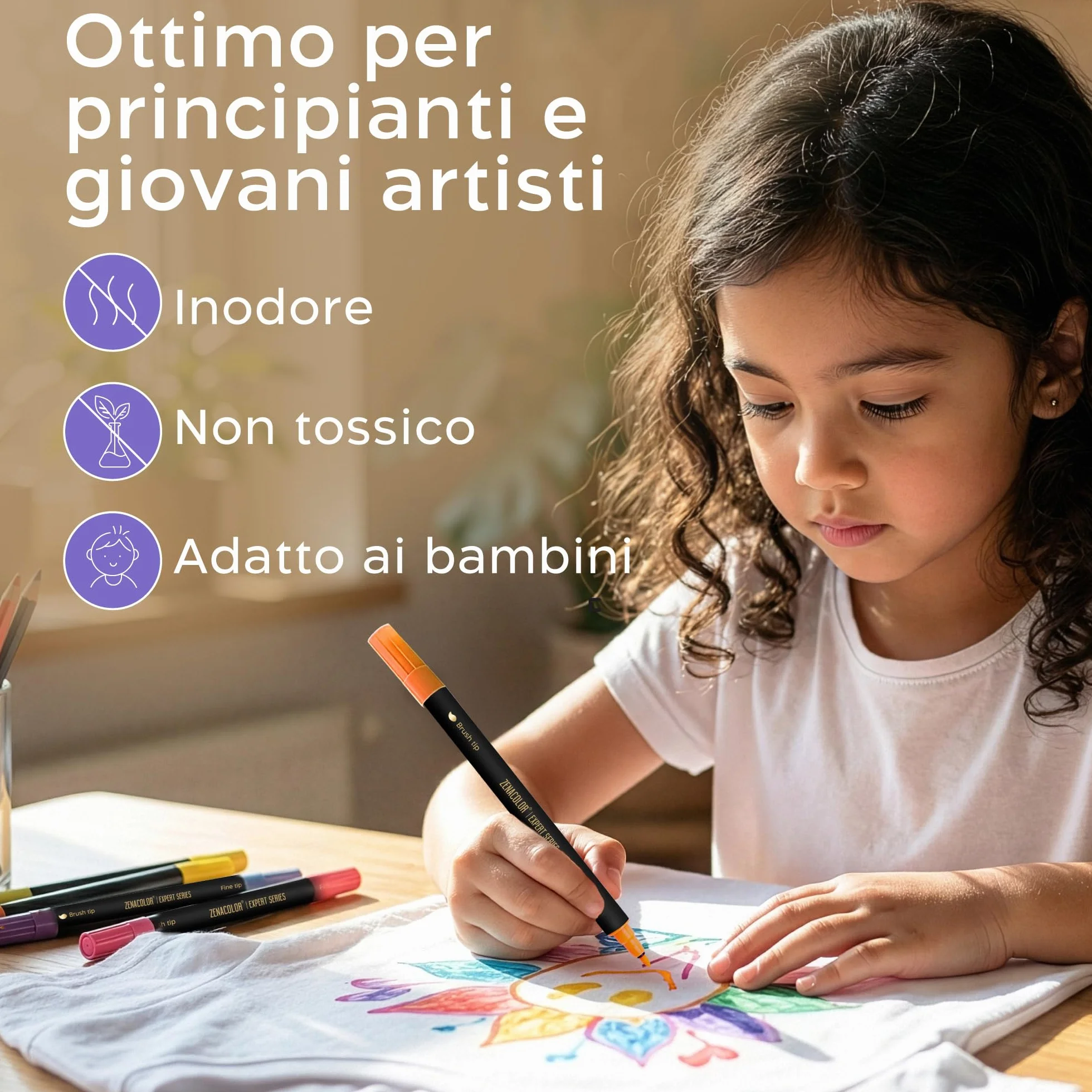 Zenacolor 26 Pennarelli per Tessuti Doppia Punta - Colori per Tessuti Permanenti e Lavabili - Pennarello Indelebile per Vestiti, Borse