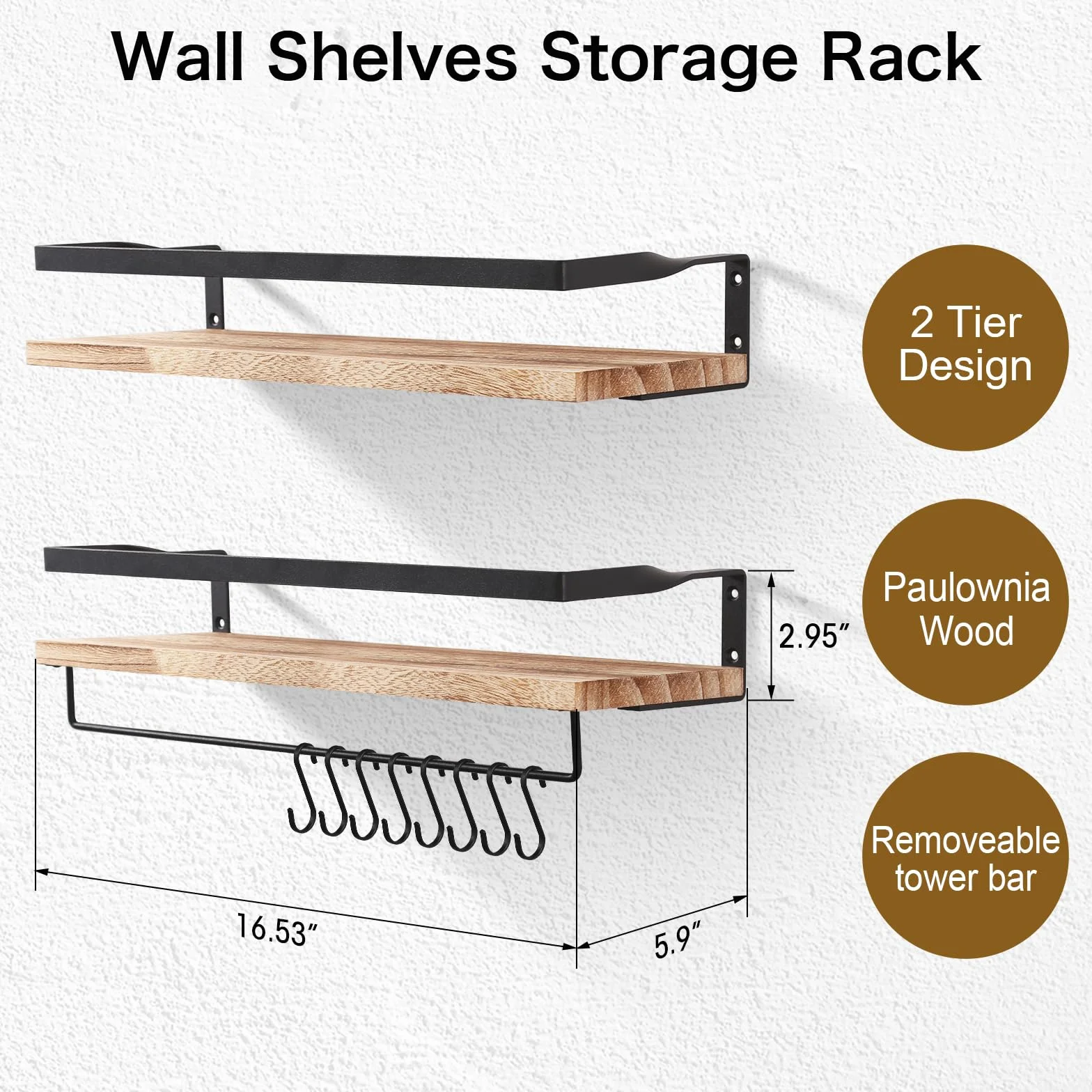 Uten Mensole da Muro Design Moderne, Set 2 Pezzi Mensole da Muro in Legno con Portasciugamani e Ganci, Mensole Sospesa da Parete Rustico per Cucina, Bagno, Salotto, Ufficio, 42 x 15 x 6,8 cm