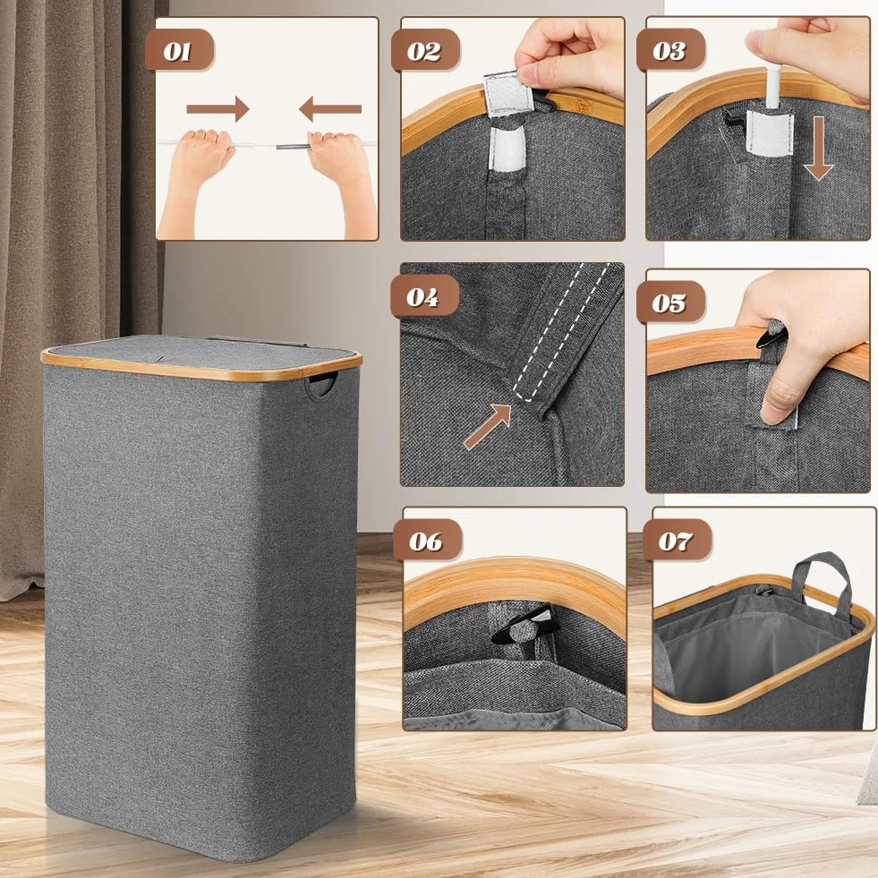 OUSFOT Cesto Portabiancheria Sporca per Bagno Grigio 105L Cesta Portabiancheria in Bambù con Coperchio Porta Biancheria Sporca con Manici Cesto Panni Sporchi