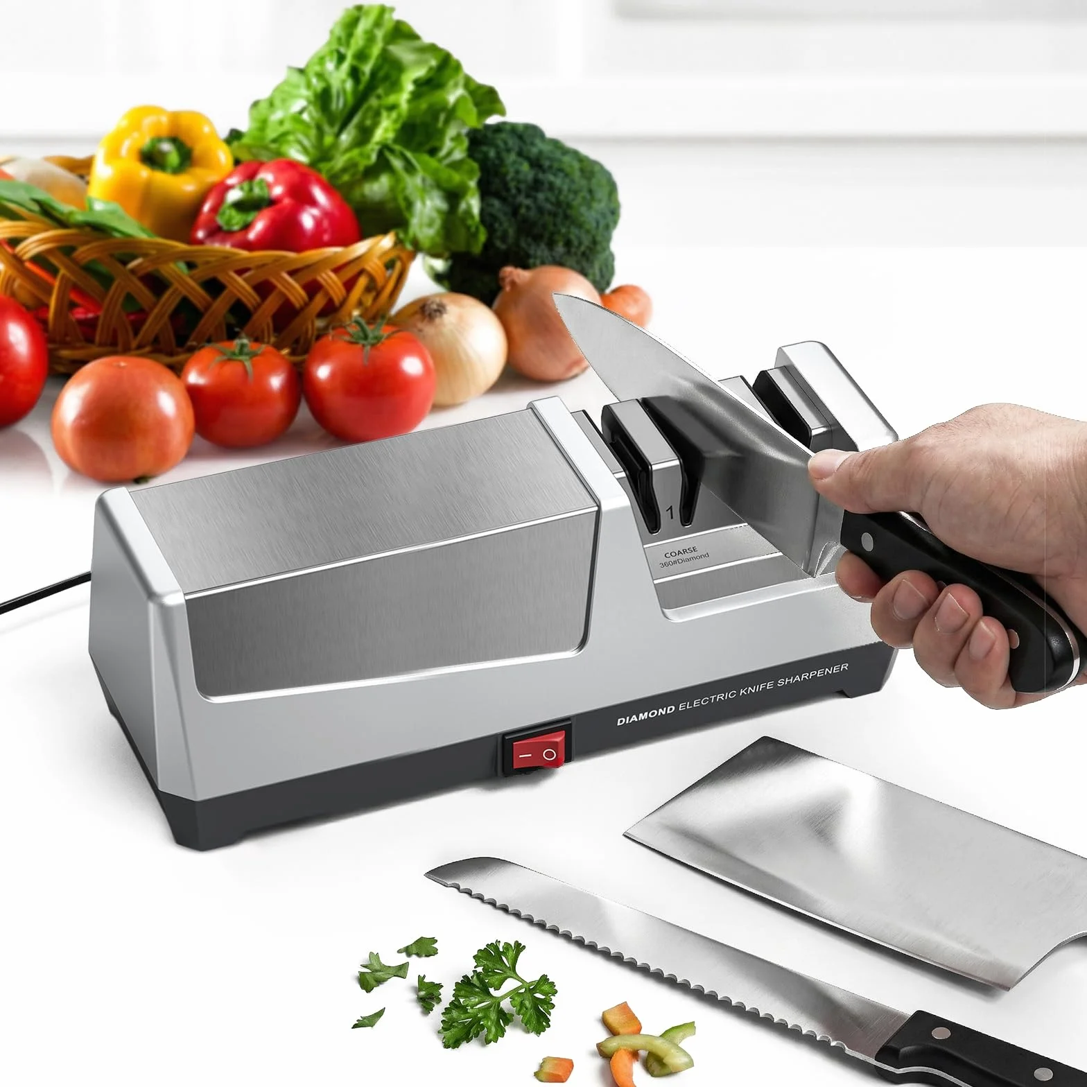 Affilacoltelli Elettrico Professionale con 2 Livelli, Dischi Diamantati, Protezione contro il Surriscaldamento, Motore Silenzioso, Affilatura Elettrica Rapida per Coltelli da Cucina