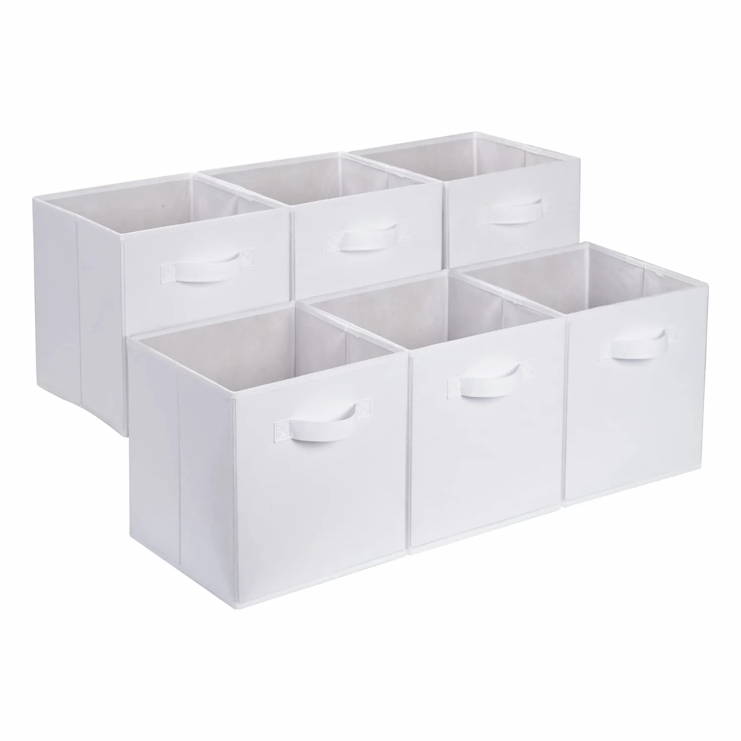 Amazon Basics Confezione da 6 cubi portaoggetti pieghevoli in tessuto, contenitori con maniglie - 33x33x33 cm, Bianco Tinta Unita