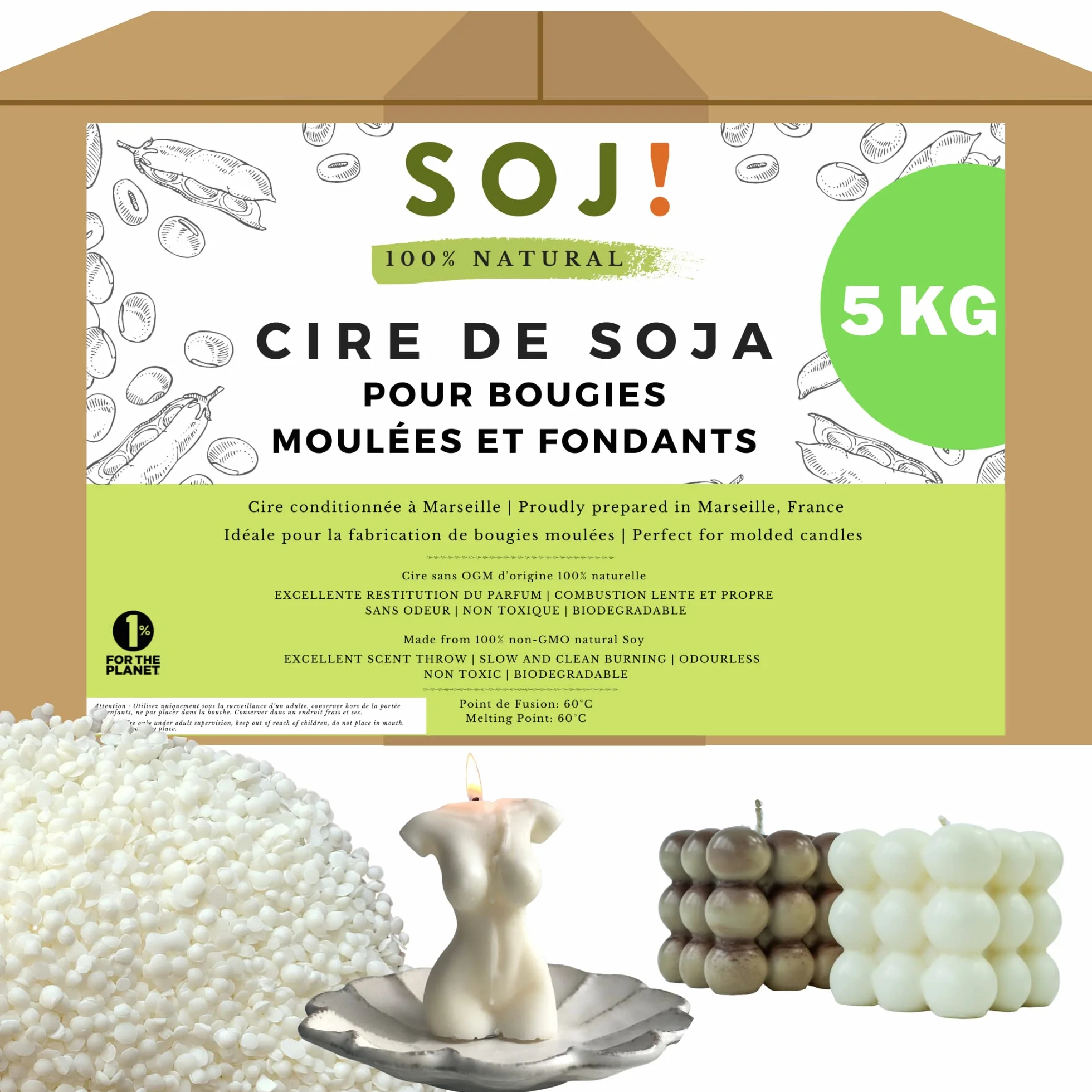 Cera di soia per candela modellata e fondente in pellet, cera per candele non OGM, 100% naturale e vegano, produzione di candele vegetali, confezionata in Francia (5KG)