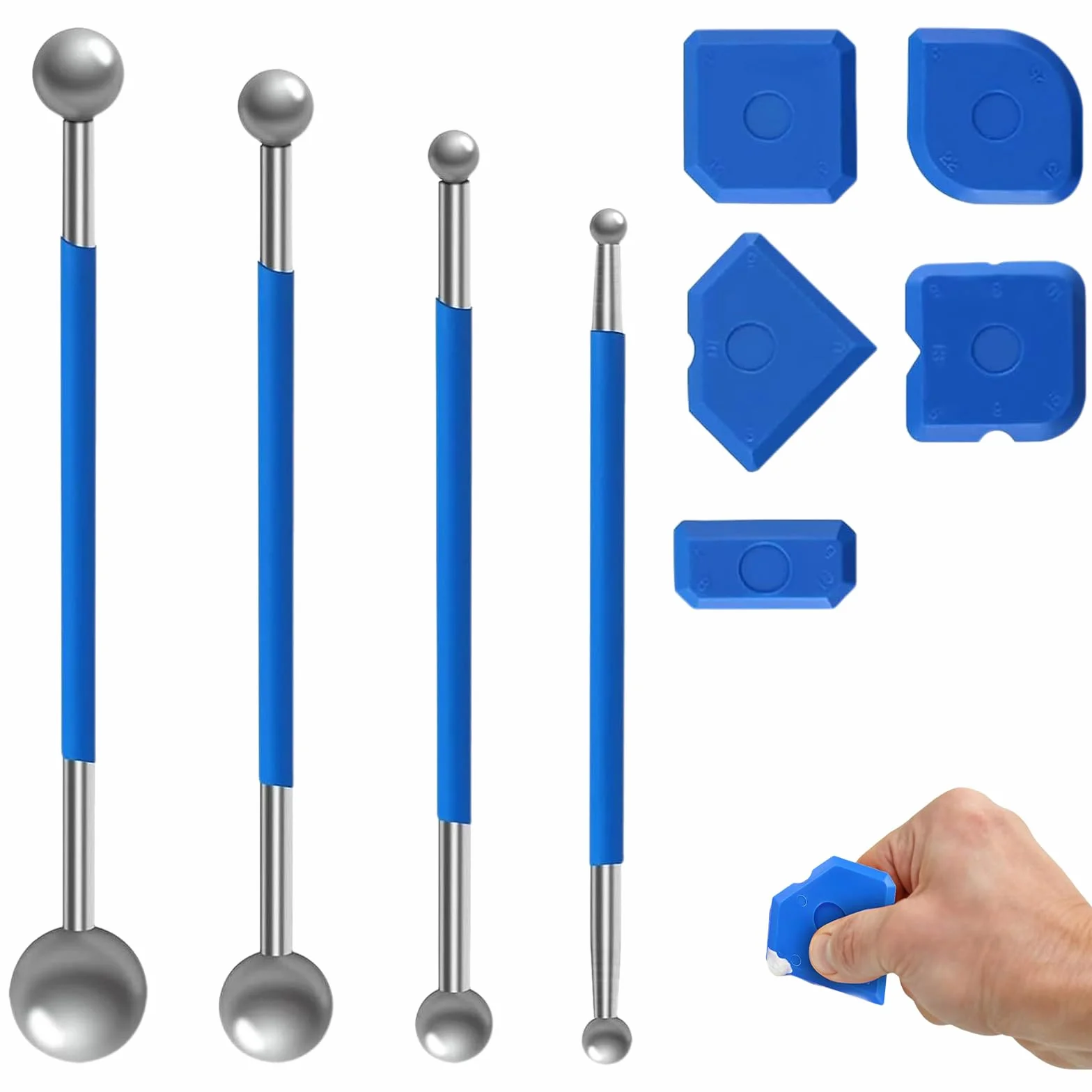 Set attrezzi per stuccatura 9 pezzi kit sigillante silicone con 4 tiralinee a sfera in metallo e 5 spatole in silicone diverse forme per fughe piastrelle bagno cucina fai da te riparazioni