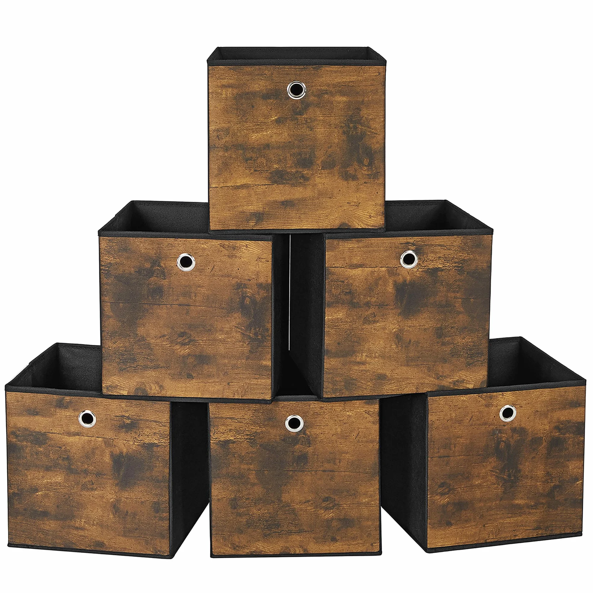 SONGMICS Scatole Portaoggetti, Set di 6 Contenitori con Manico, in Tessuto Oxford e Tessuto Non Tessuto, 30 x 30 x 30 cm, per Scaffali a Cubo, Pieghevoli, Marrone Vintage e Nero RFB102B01