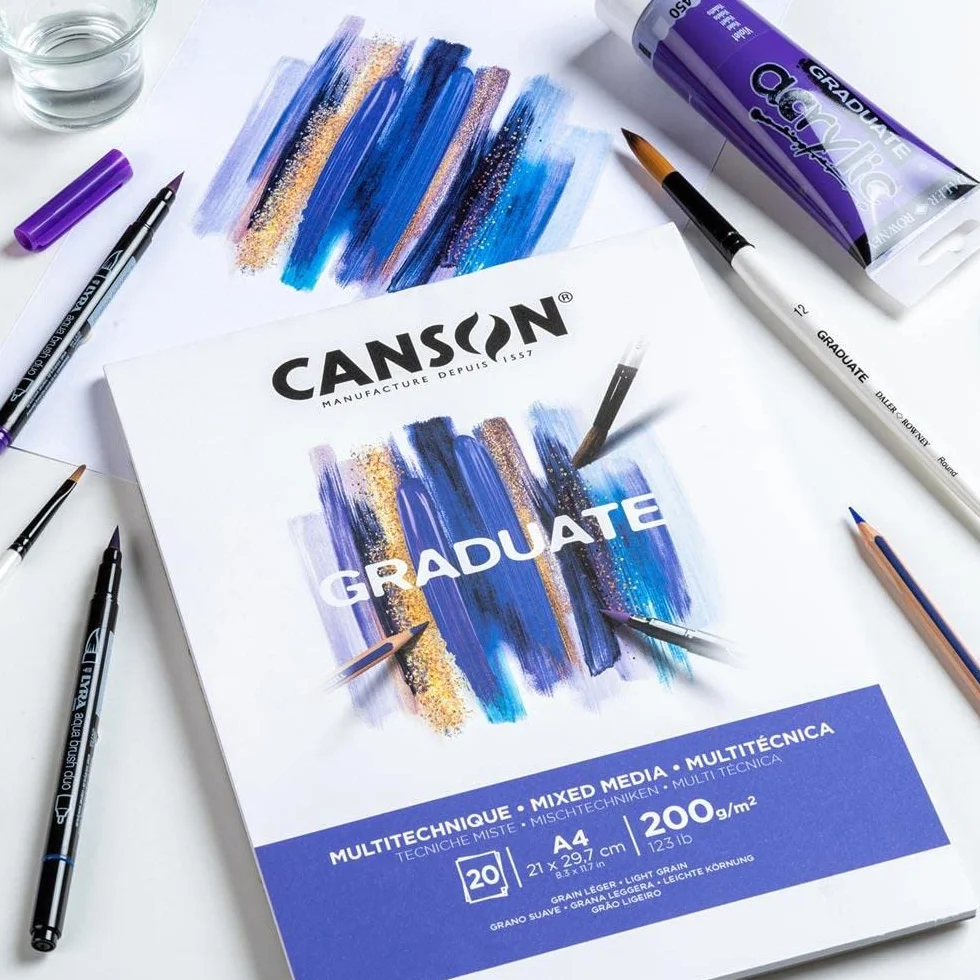 Canson Graduate Mixed Media bianco,album da disegno collato lato corto,A4,20 fogli,grana leggera,200g/m