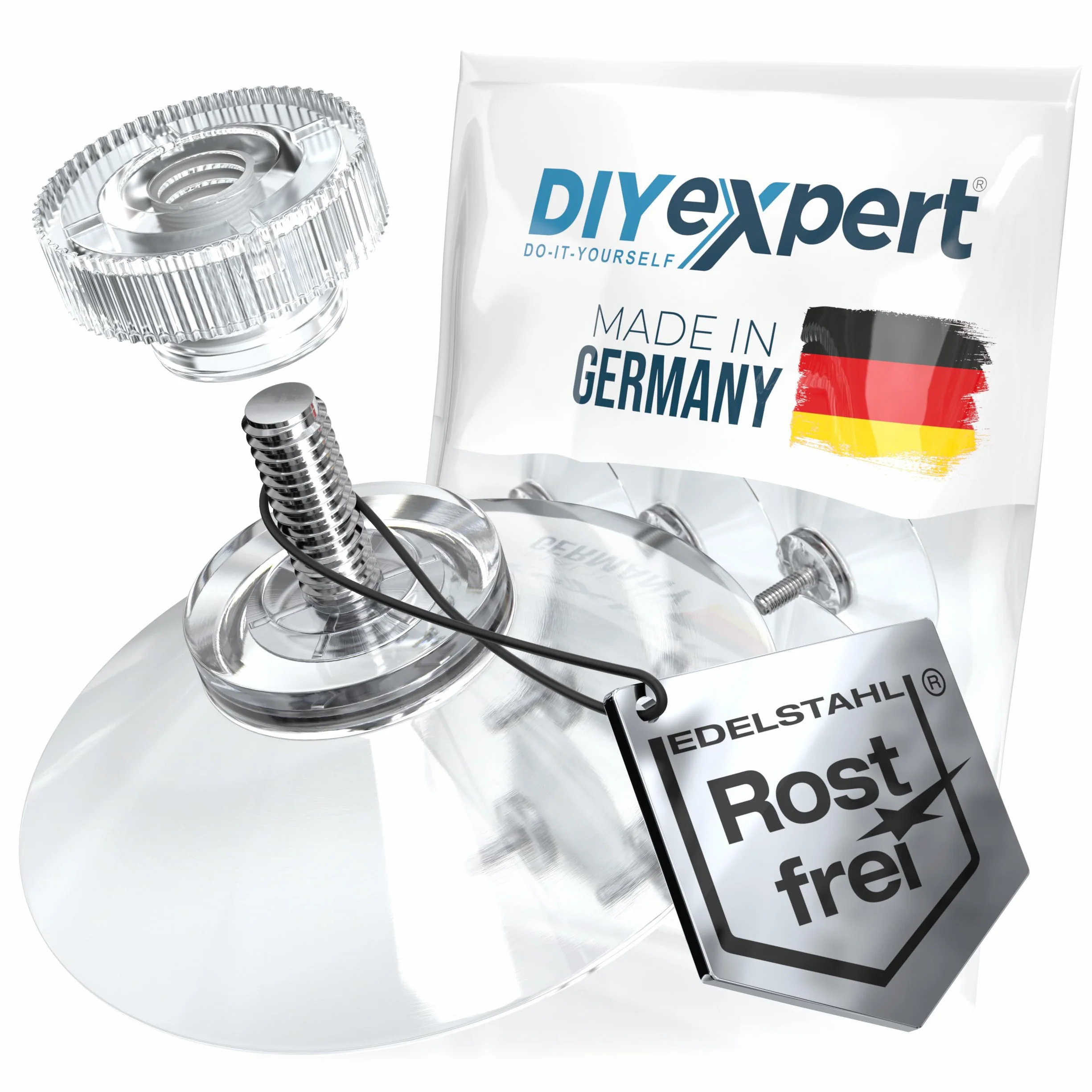 DIYexpert® - Ganci con Ventosa, Diametro 50 mm, con Filettatura M4 x 10 mm, 12 Pezzi, con Dadi zigrinati Trasparenti, Realizzati in Germania