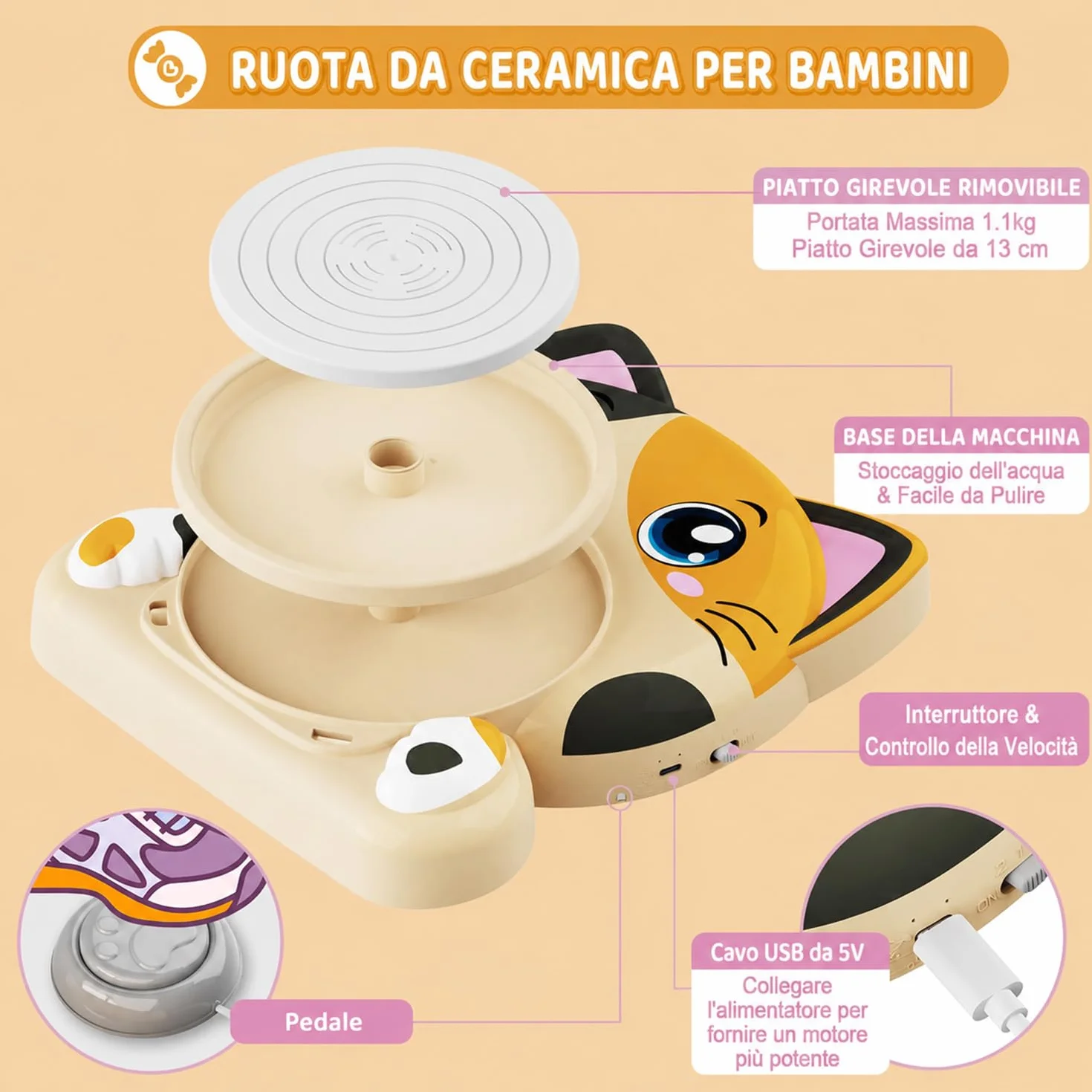 Tornio per Ceramica per Bambini - Kit Completo per Ceramica per Principianti, Set Creativo 6+ Anni con 3x Argilla ad Asciugatura all'Aria, Kit Ceramica fai da te Regalo Pasqua per Ragazzi e Ragazze