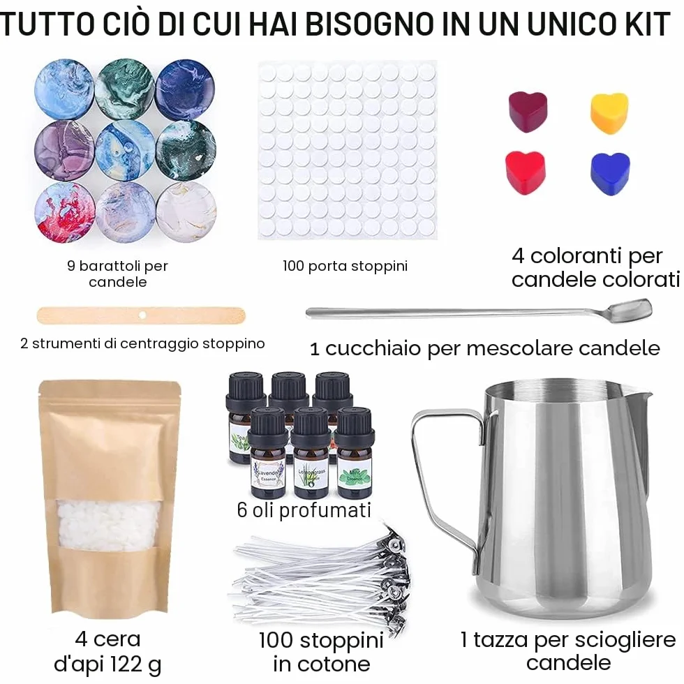 SUPERSUN Kit per Fabbricazione Candele DIY, 480g Cera d’api Naturale, 100 Stoppini Cerato con Sostenitori, 9 Candele Fai-da-Te Barattoli Latta Creazione Candele Profumate