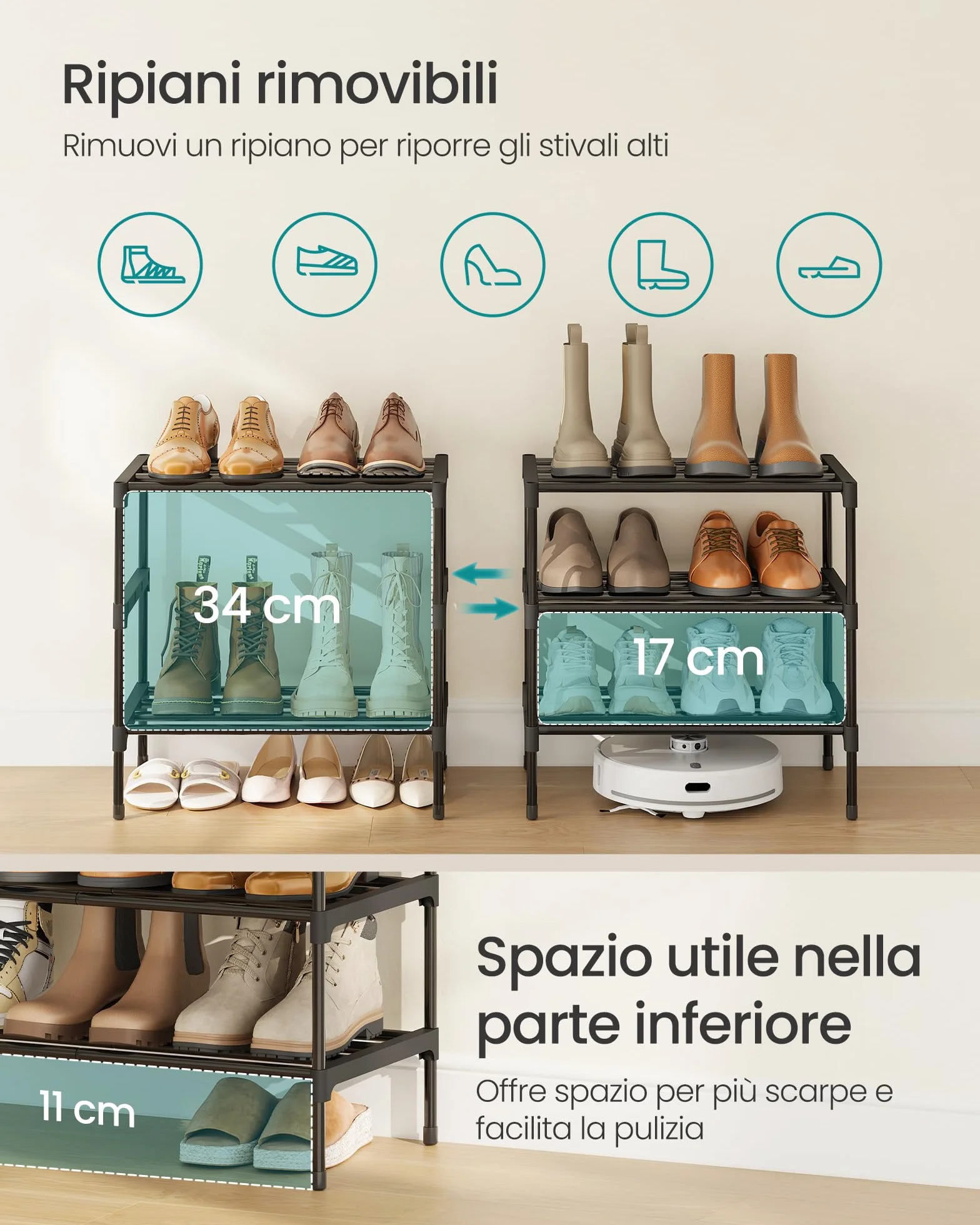 SONGMICS Scarpiera, 3 Ripiani, Scarpiera Ingresso Slim, Organizer per Scarpe, Metallo, Soggiorno Armadio, Impilabile, 30 x 45 x 48,5 cm, Nero LSA113BH01