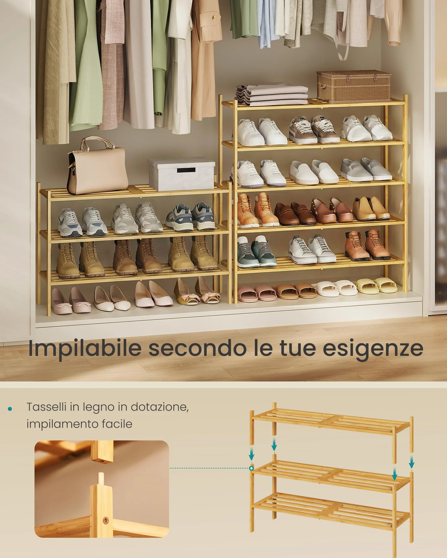 SONGMICS Scarpiera in Bambù, 3 Ripiani, Impilabile, Slim, Scaffale per Ingresso Soggiorno Camera da Letto Garage, per 12-16 Paia di Scarpe, 25 x 70 x 51,5 cm, Colore Naturale LBS053YL01