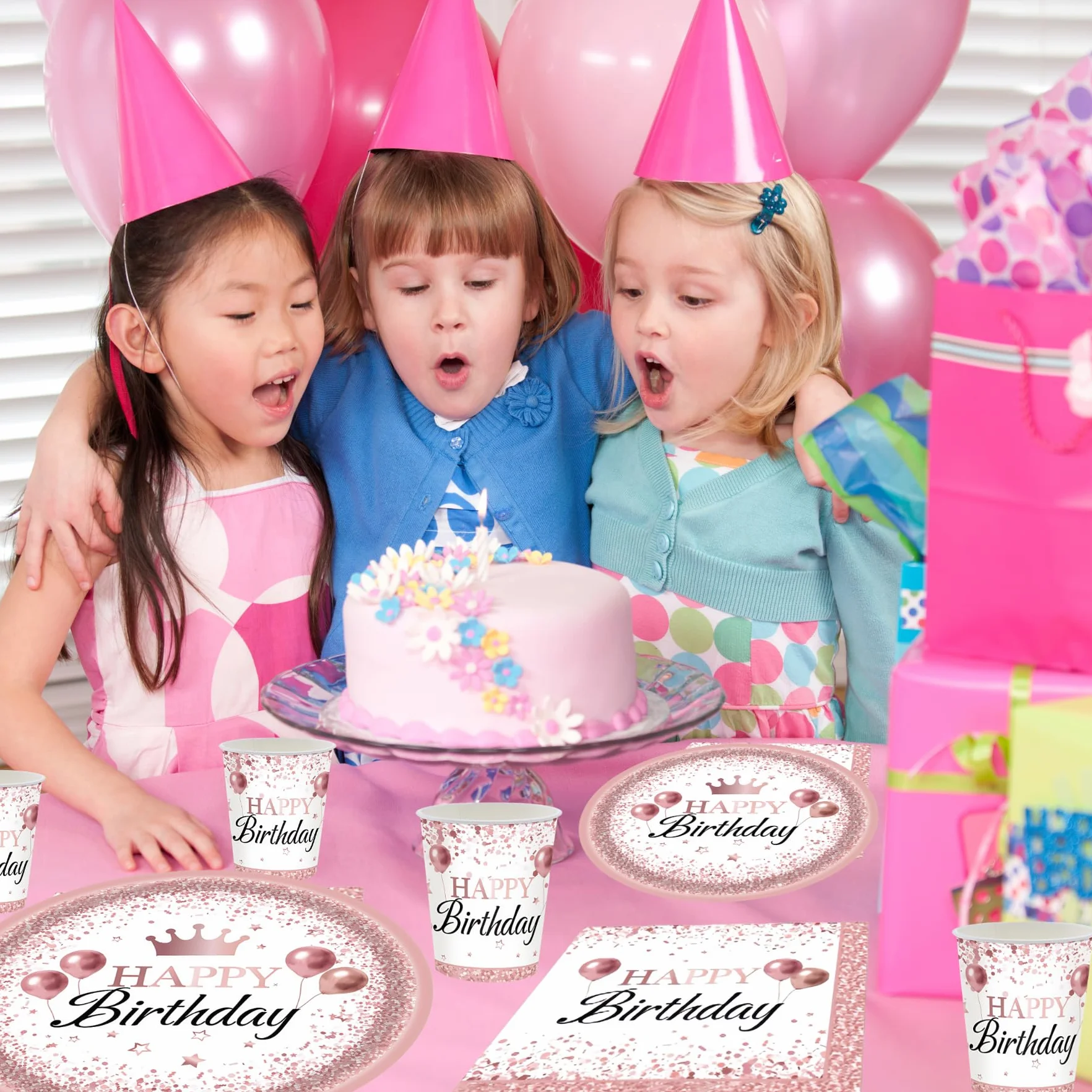 Happy Birthday Set per feste 16 ospiti Oro rosa Piatti bicchieri tovaglioli compleanno