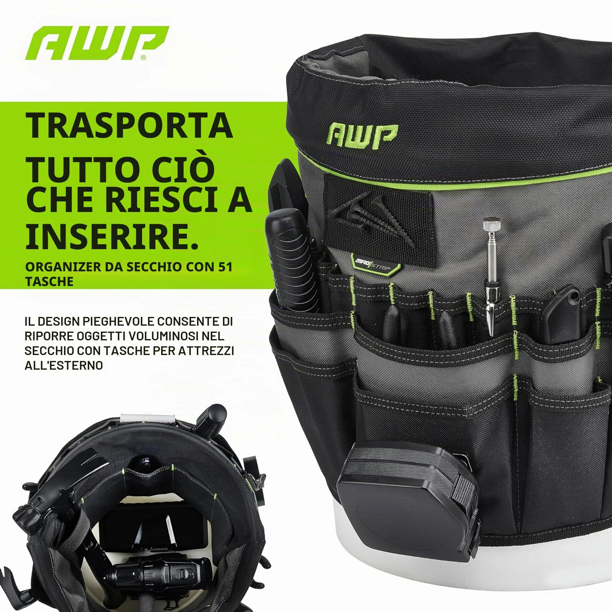 AWP 51-Pocket Bucket Tool Organizer, Water-Resistant, Fits 5-Gallon Buckets