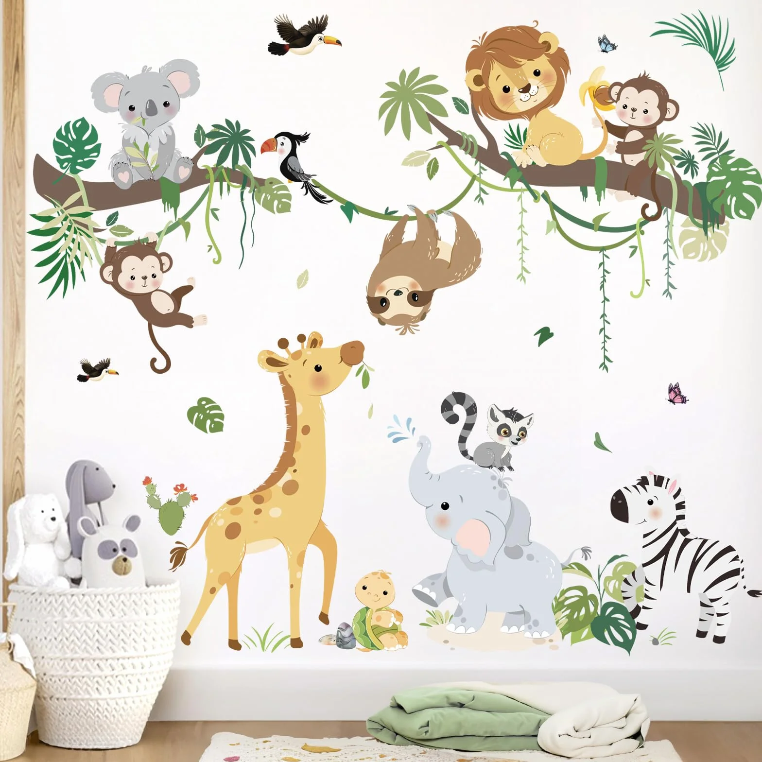 decalmile Adesivi Murali Animali della Giungla Albero Ramo Adesivi da Parete Giraffa Elefante Leone Safari Decorazione Murale Camerette Bambini Camera da Letto