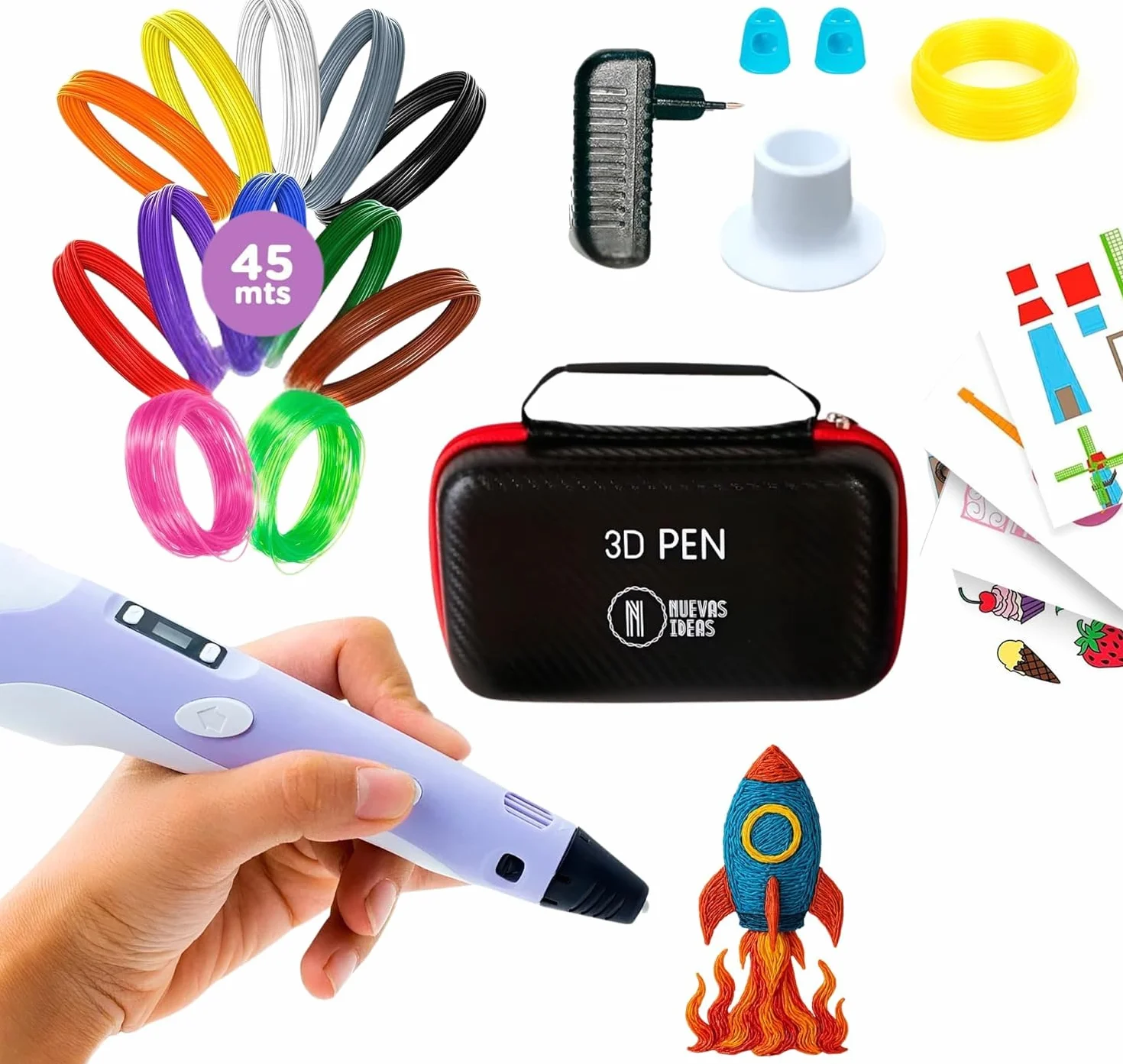 Penna 3D di Precisione – 3d Penna con 45 m di filamento PLA (15 colori), di cui 3 fluorescenti | Penna 3D con velocità regolabile per modellazione 3D, prototipi e fai-da-te. Con borsa per il trasporto