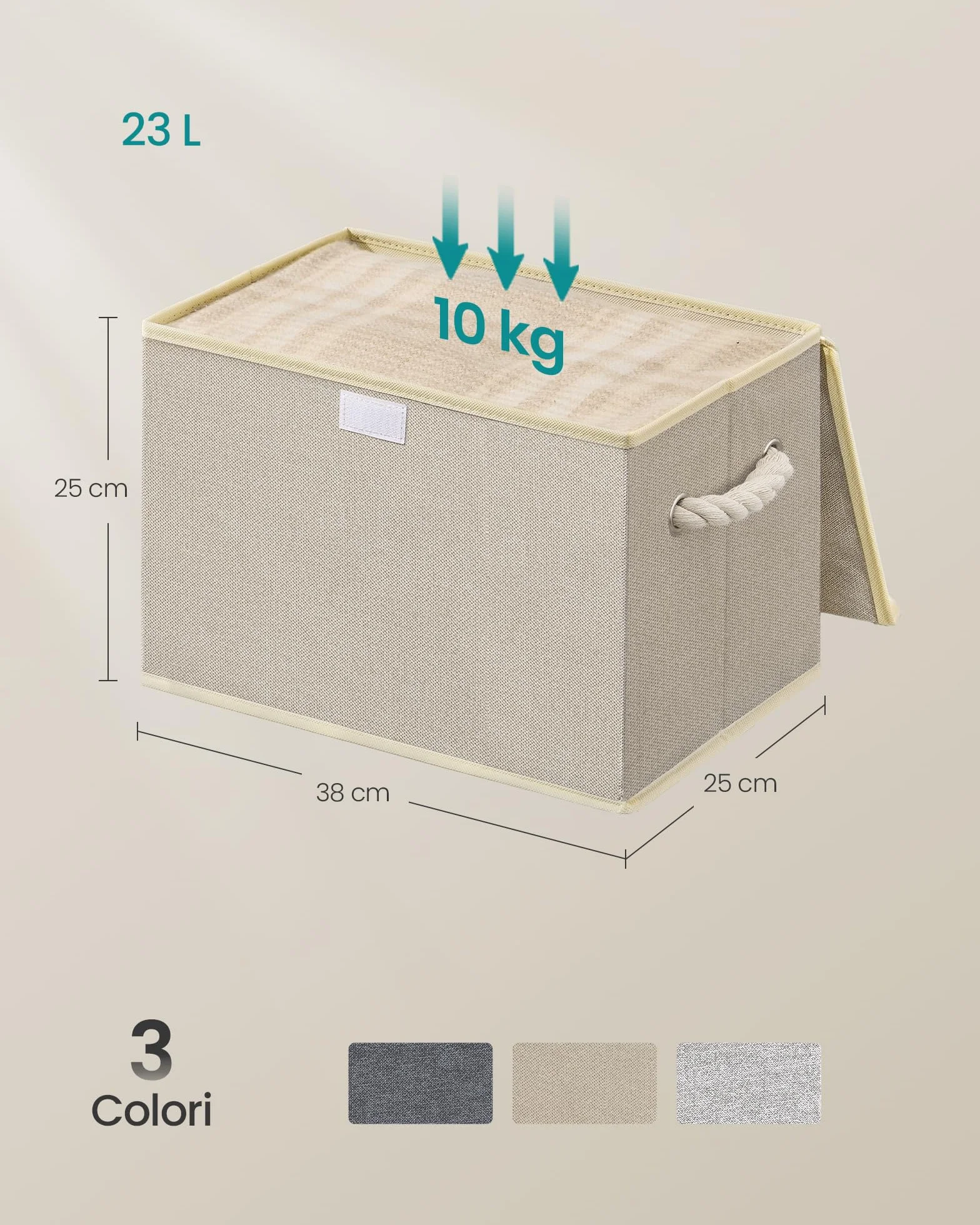 SONGMICS Scatole Portaoggetti con Coperchio, Set di 3, Contenitori Pieghevoli, 38x25x25 cm, Beige Sabbia