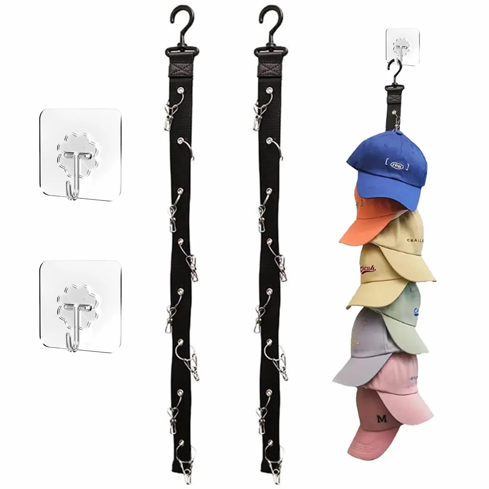 Porta Cappelli da Parete e Armadio - 2 Pezzi Con 16 Clips e 2 Ganci Adesivi - Appendiabiti per Tutti i Tipi di Cappelli